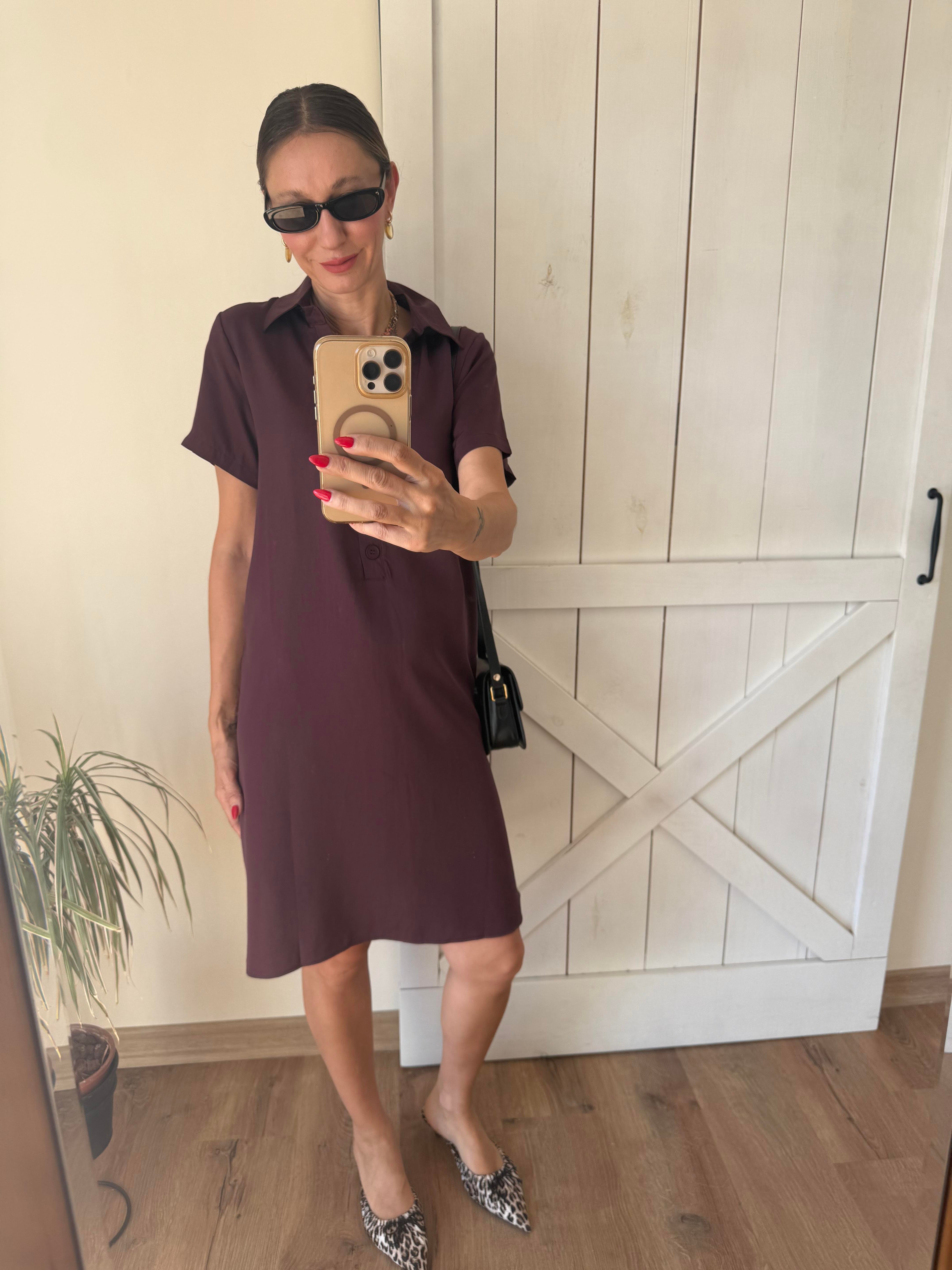 Tensel Mini Dört Düğmeli Bordo Elbise