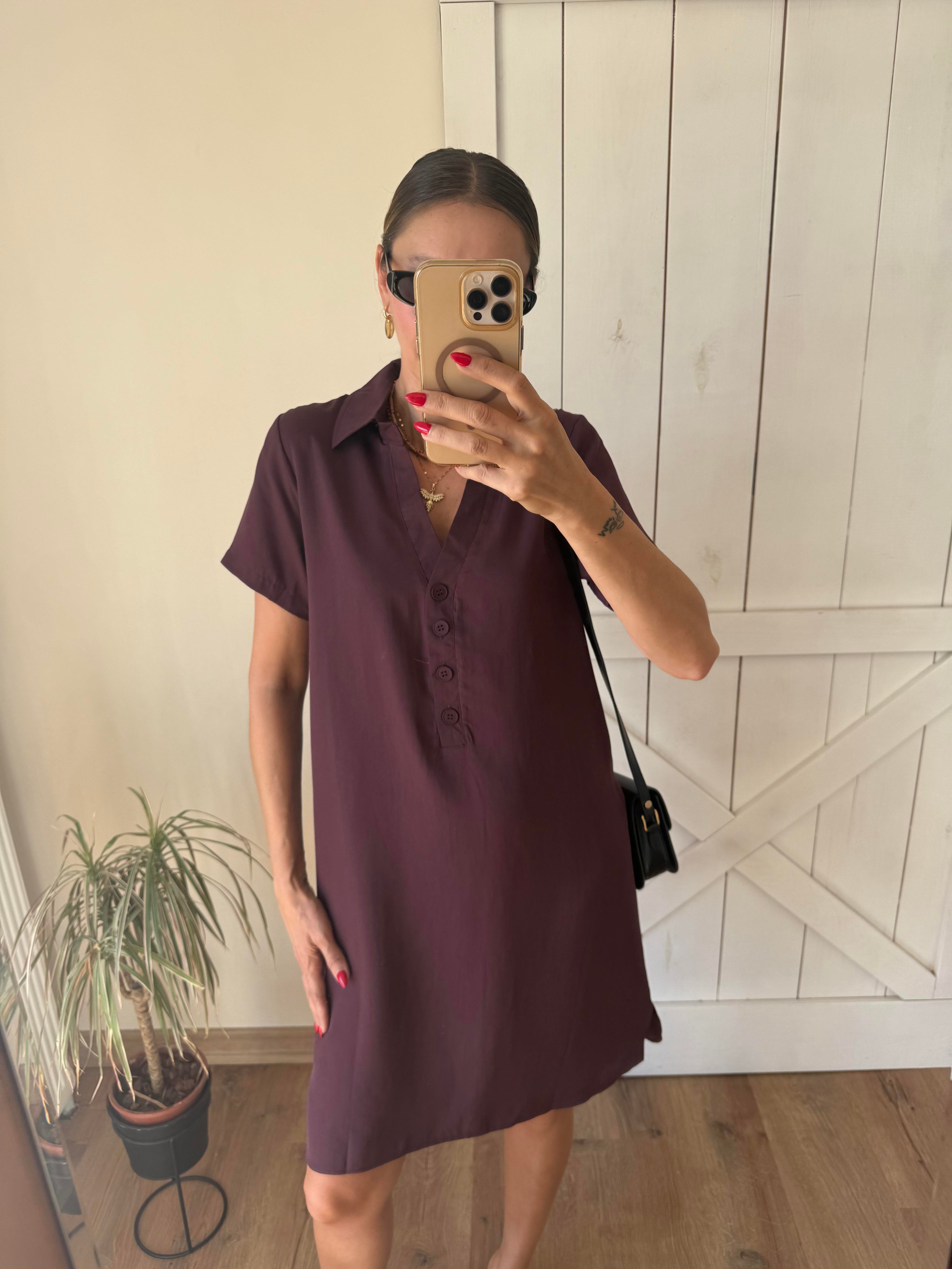 Tensel Mini Dört Düğmeli Bordo Elbise