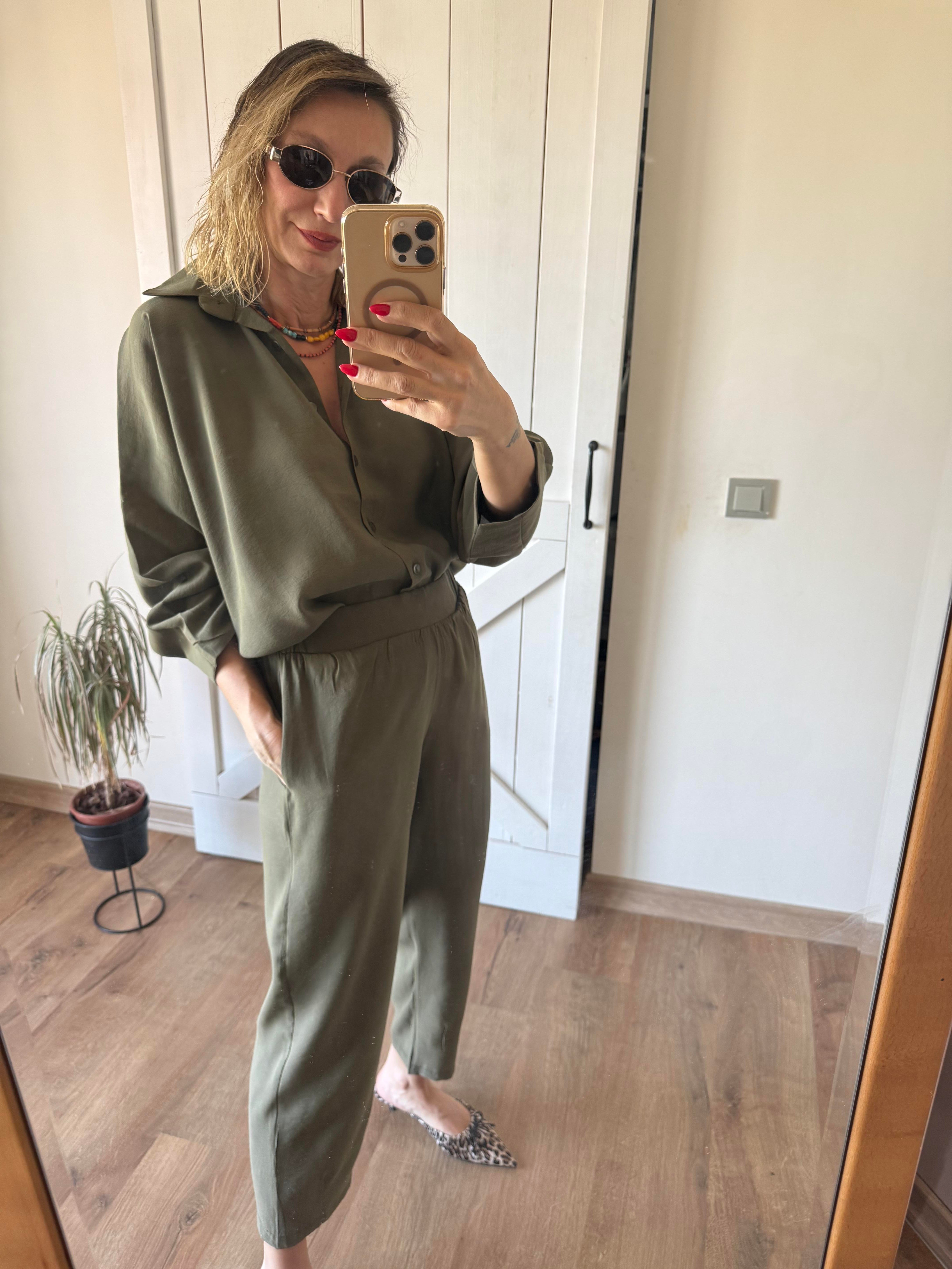 Tensel Pens Dikişli Haki Gömlek Pantolon Takım