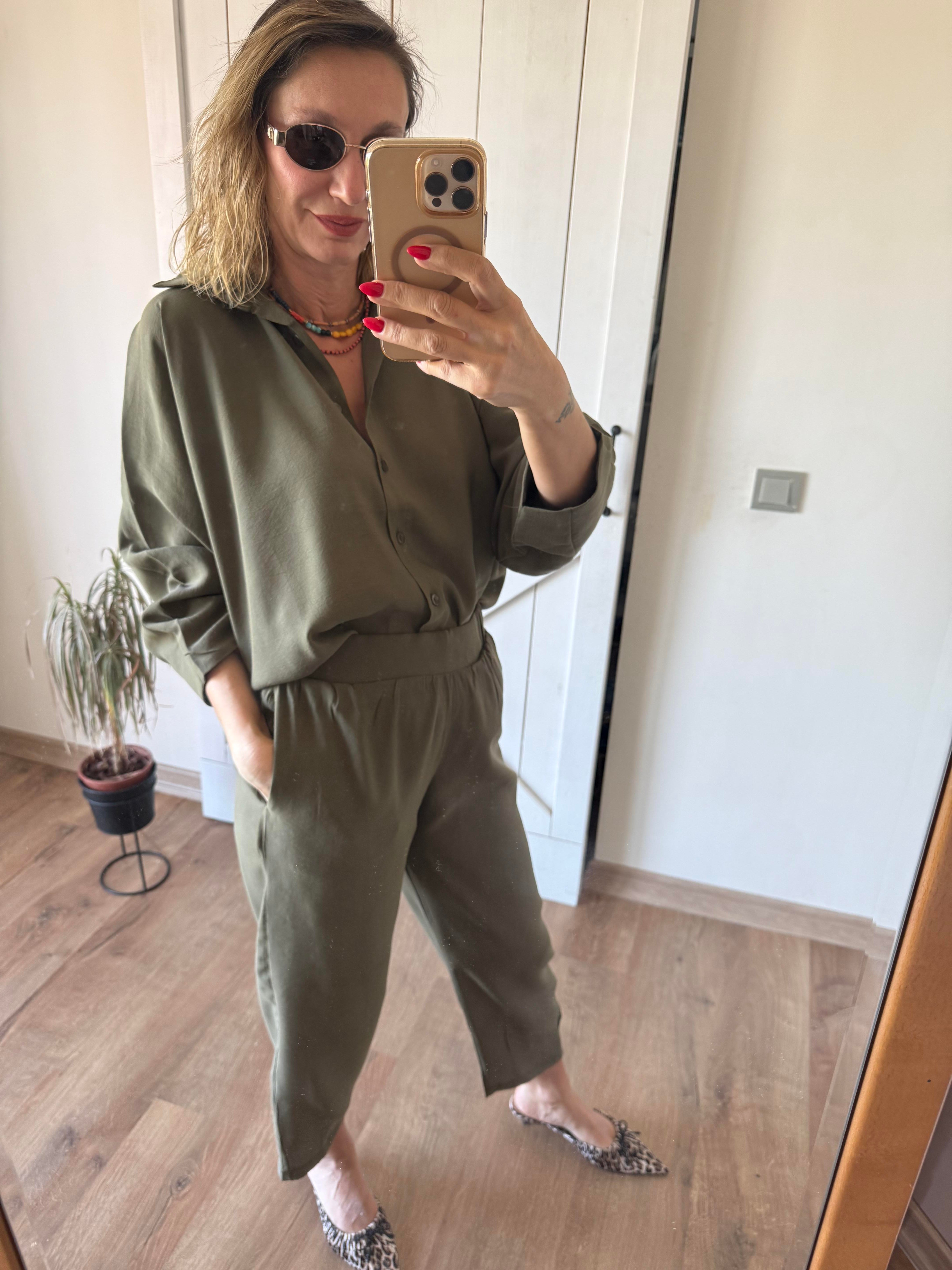 Tensel Pens Dikişli Haki Gömlek Pantolon Takım