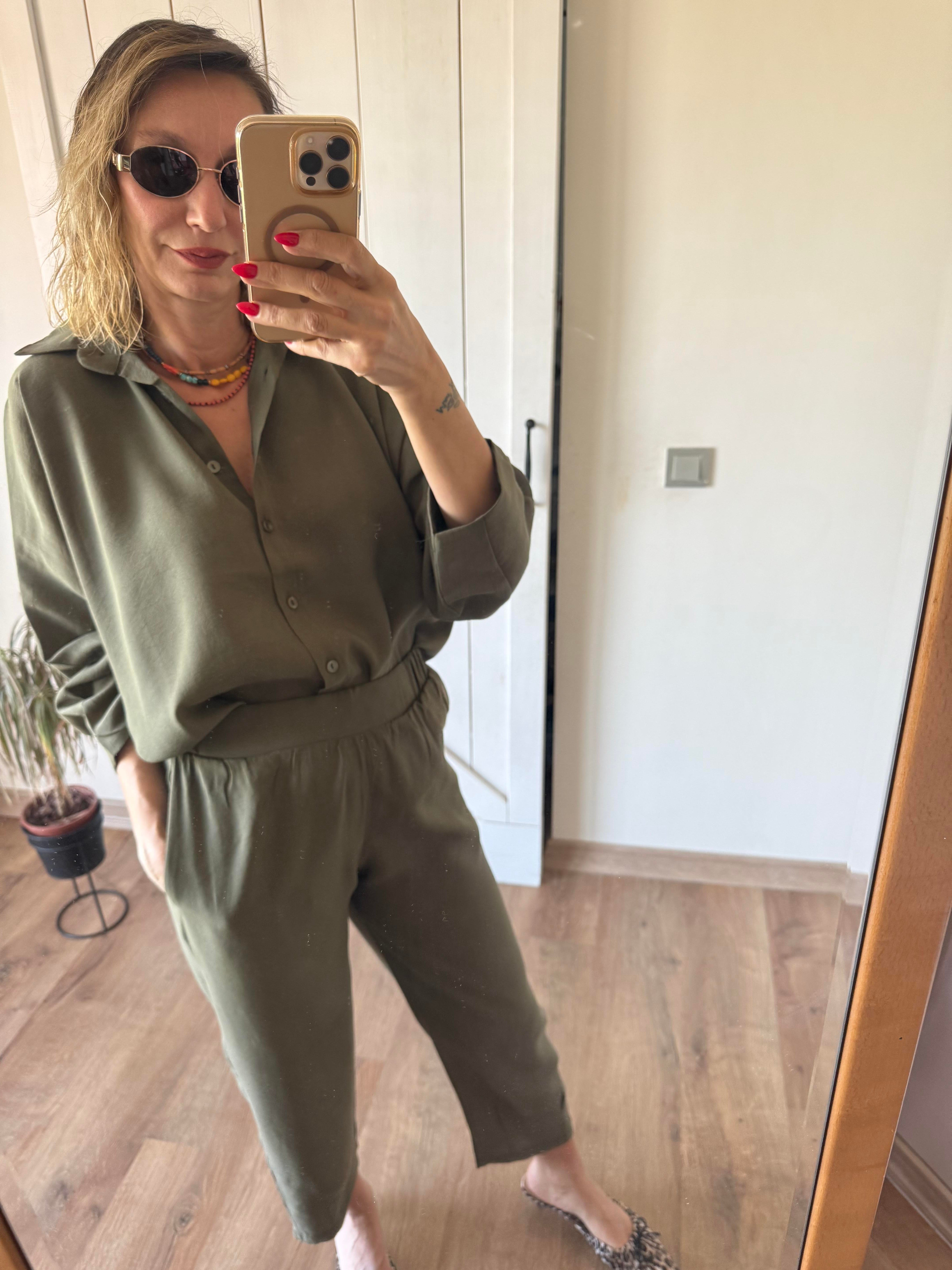 Tensel Pens Dikişli Haki Gömlek Pantolon Takım