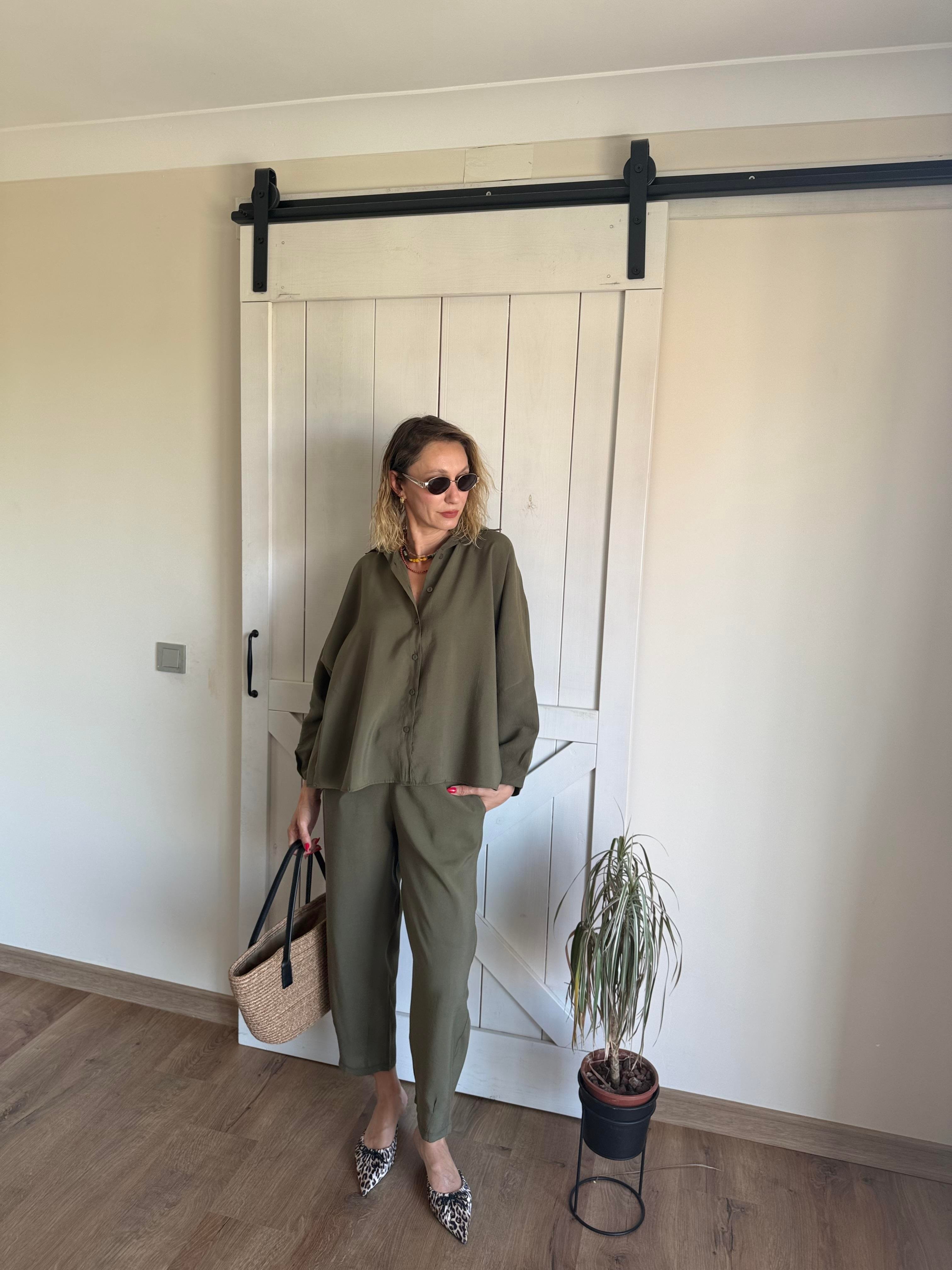 Tensel Pens Dikişli Haki Gömlek Pantolon Takım