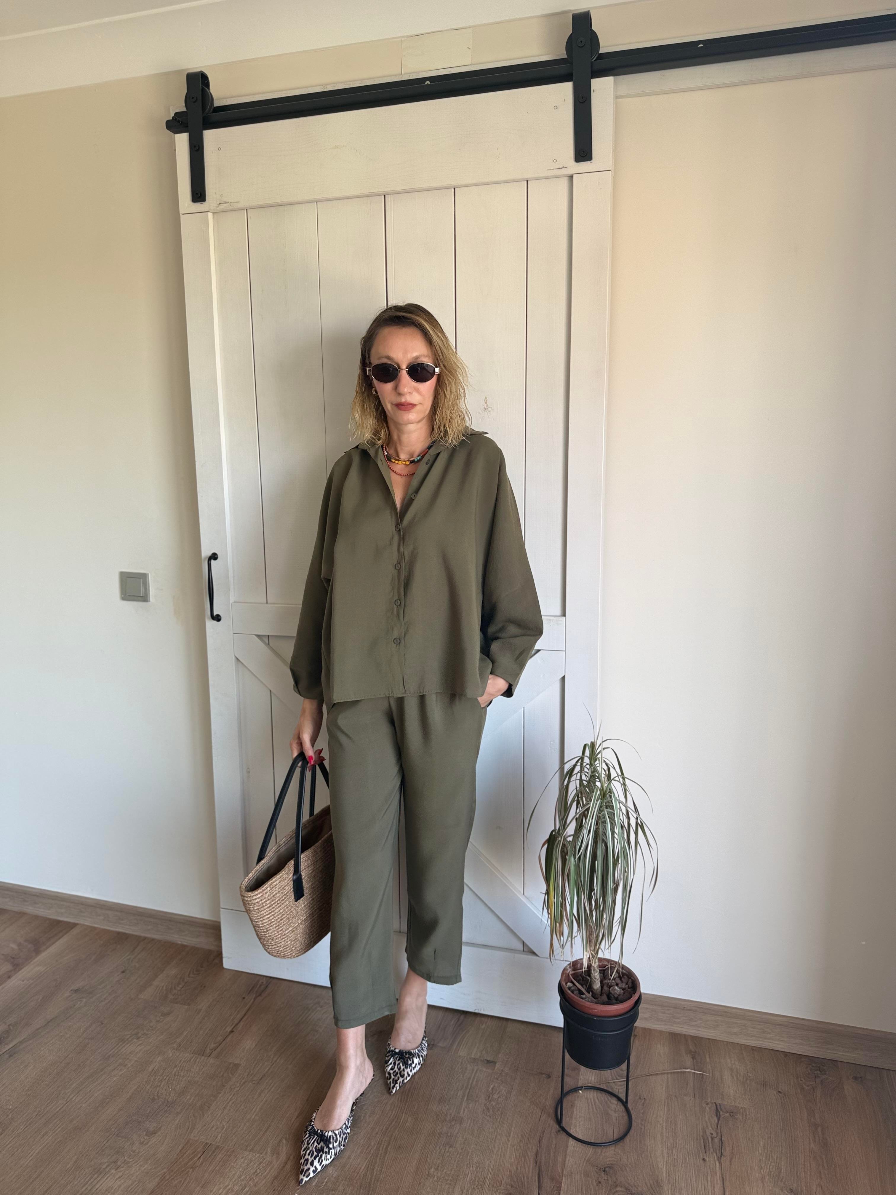 Tensel Pens Dikişli Haki Gömlek Pantolon Takım