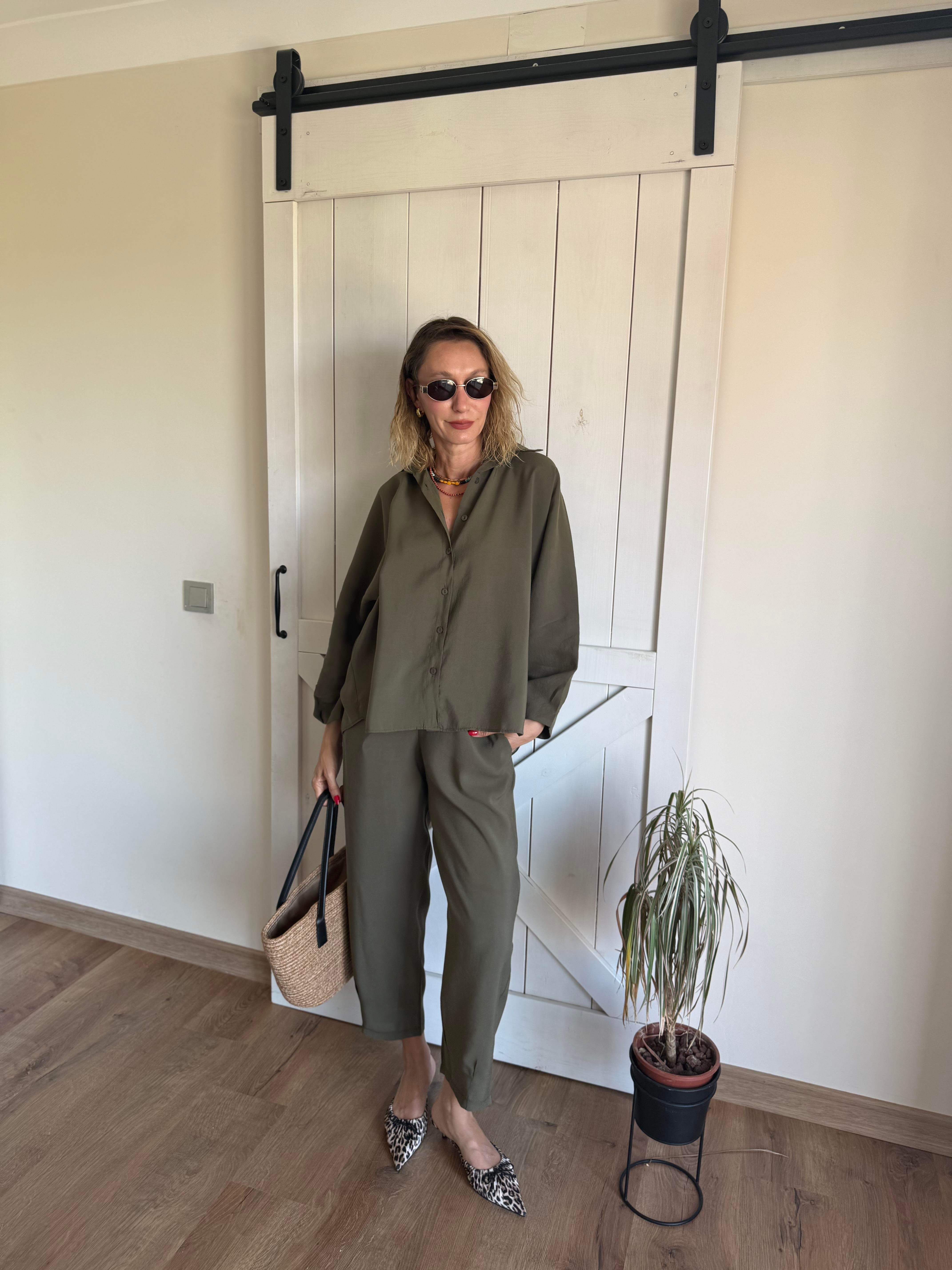 Tensel Pens Dikişli Haki Gömlek Pantolon Takım