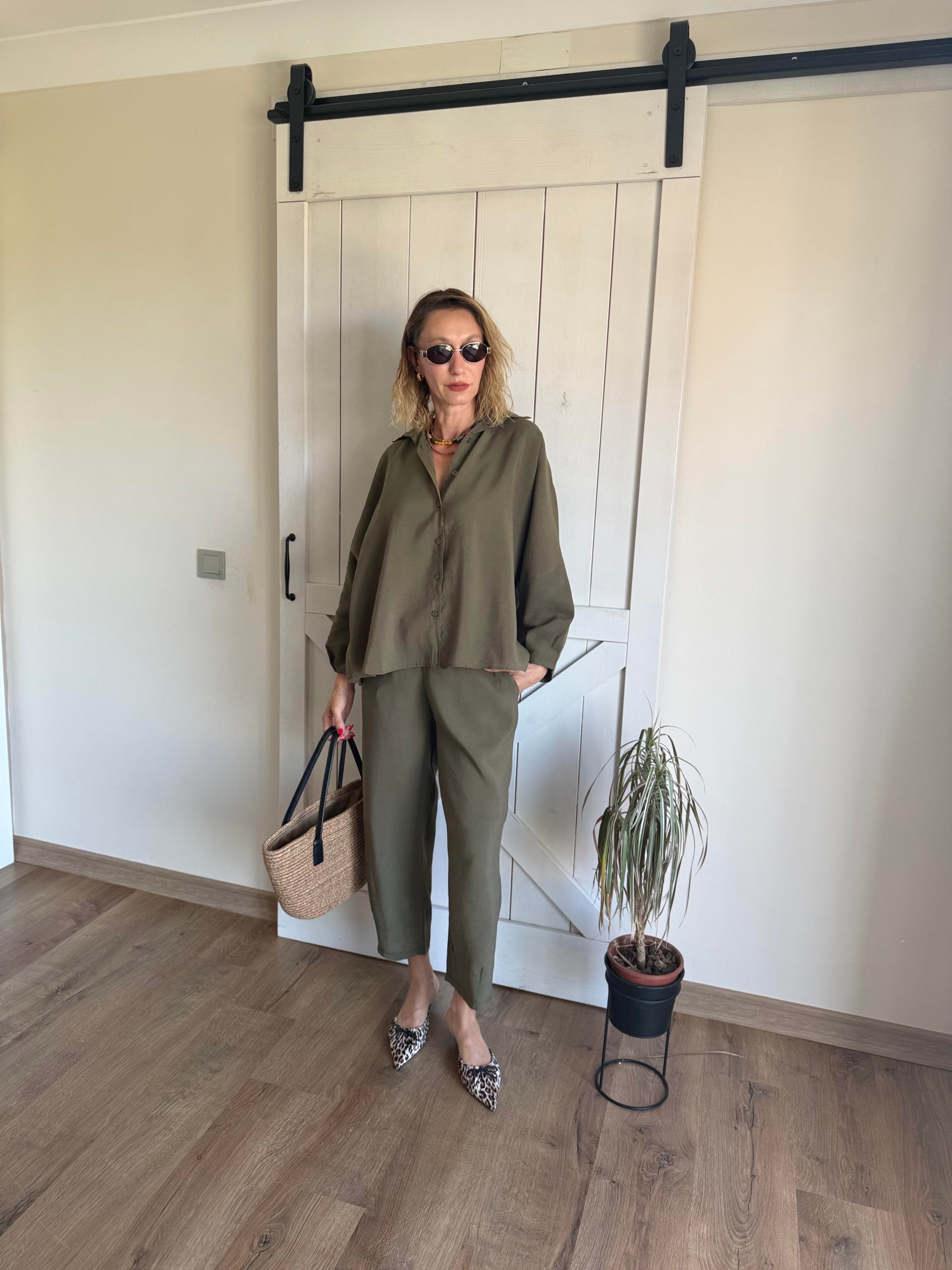 Tensel Pens Dikişli Haki Gömlek Pantolon Takım