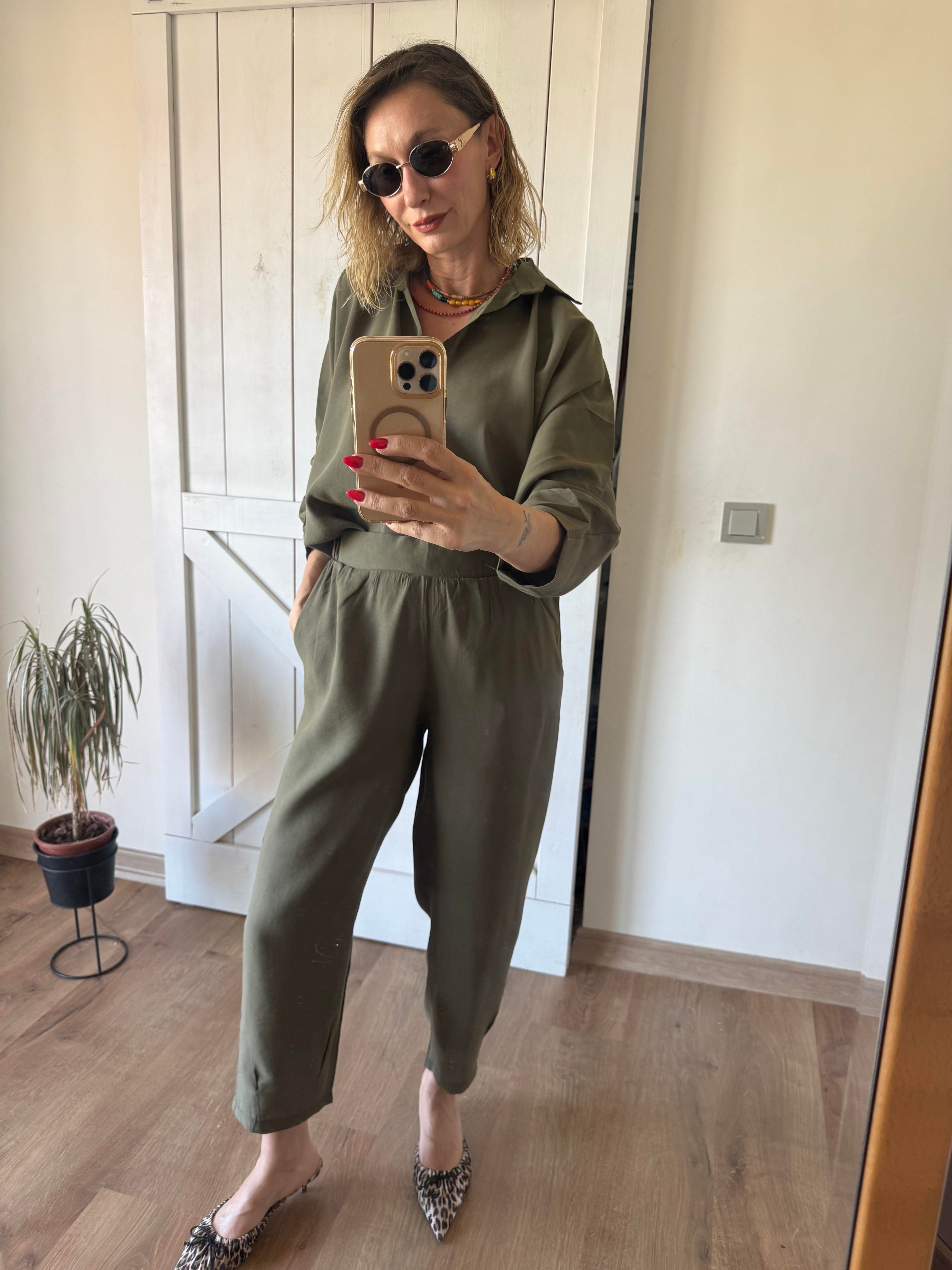 Tensel Pens Dikişli Haki Gömlek Pantolon Takım