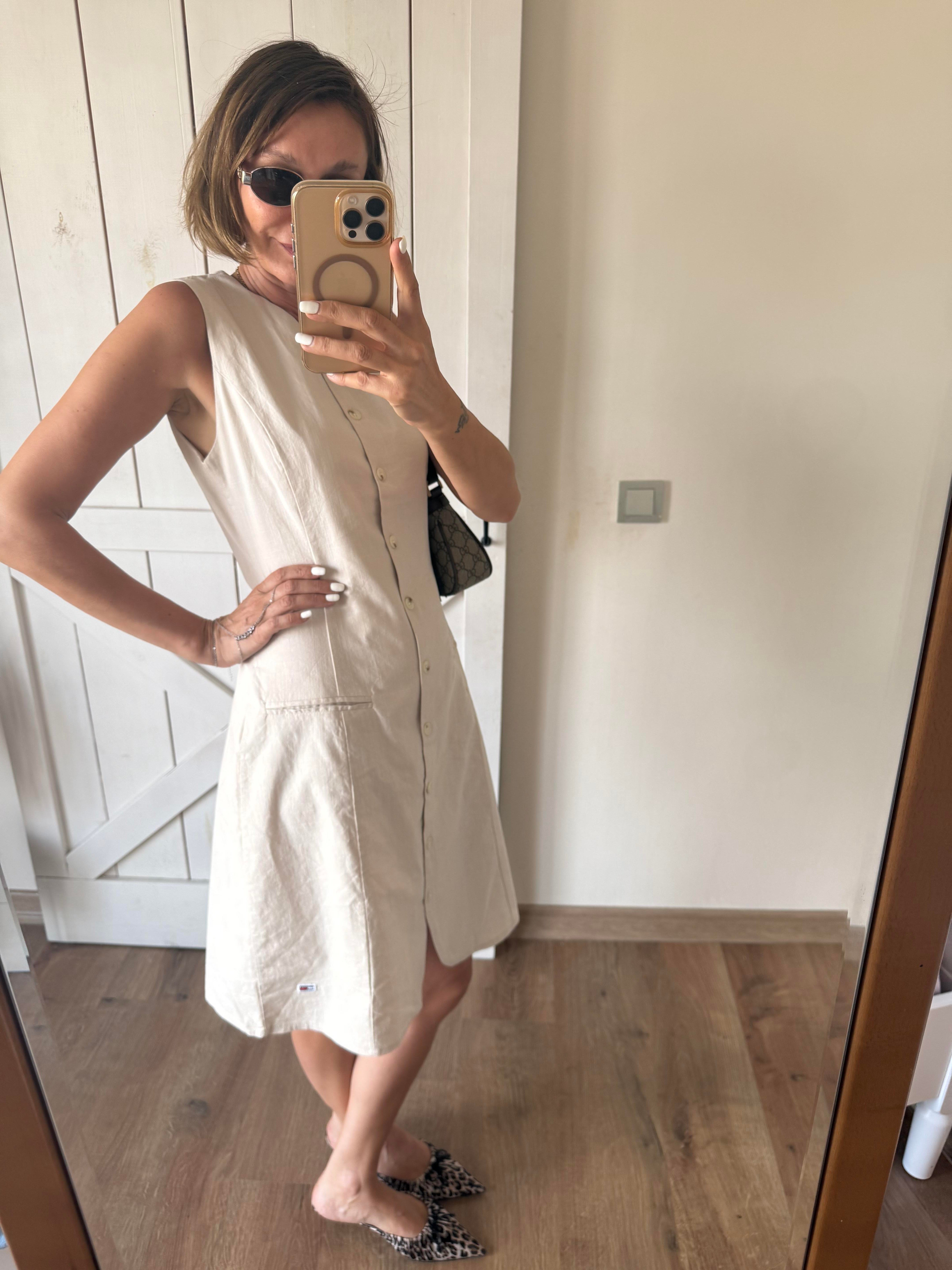 Th Ekru Keten Düğmeli Elbise