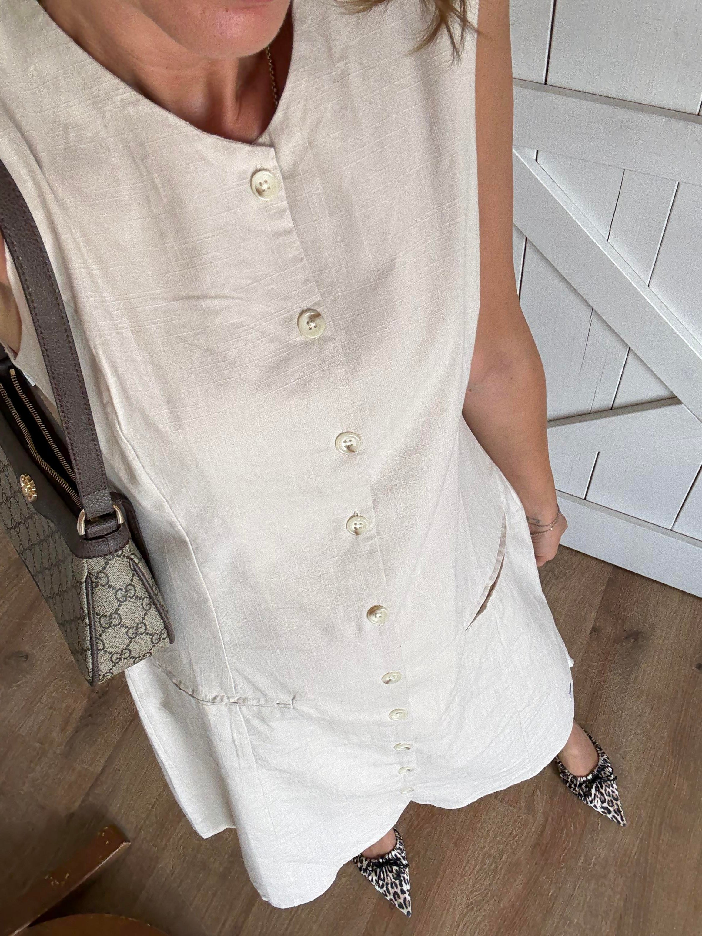 Th Ekru Keten Düğmeli Elbise