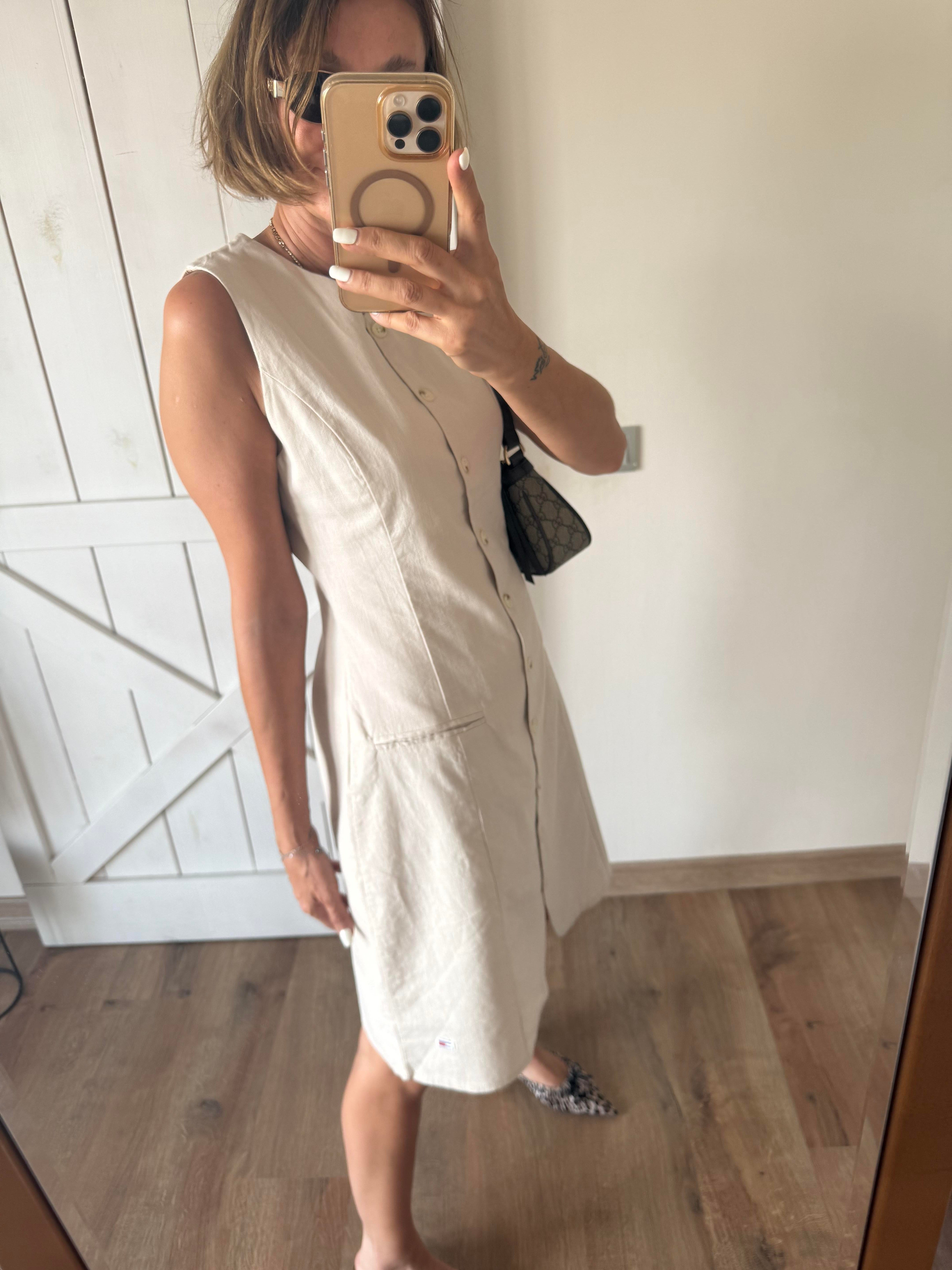 Th Ekru Keten Düğmeli Elbise