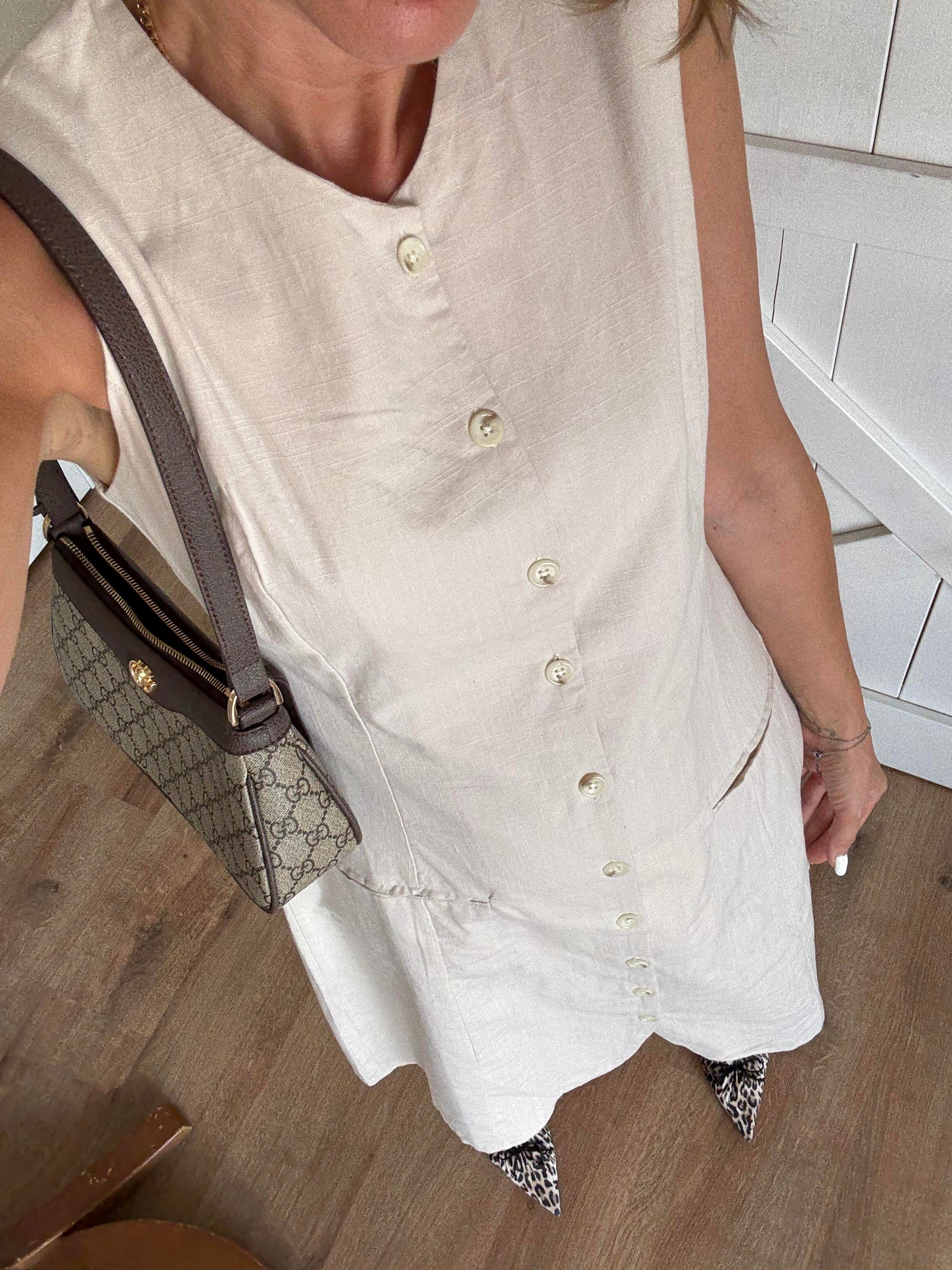 Th Ekru Keten Düğmeli Elbise