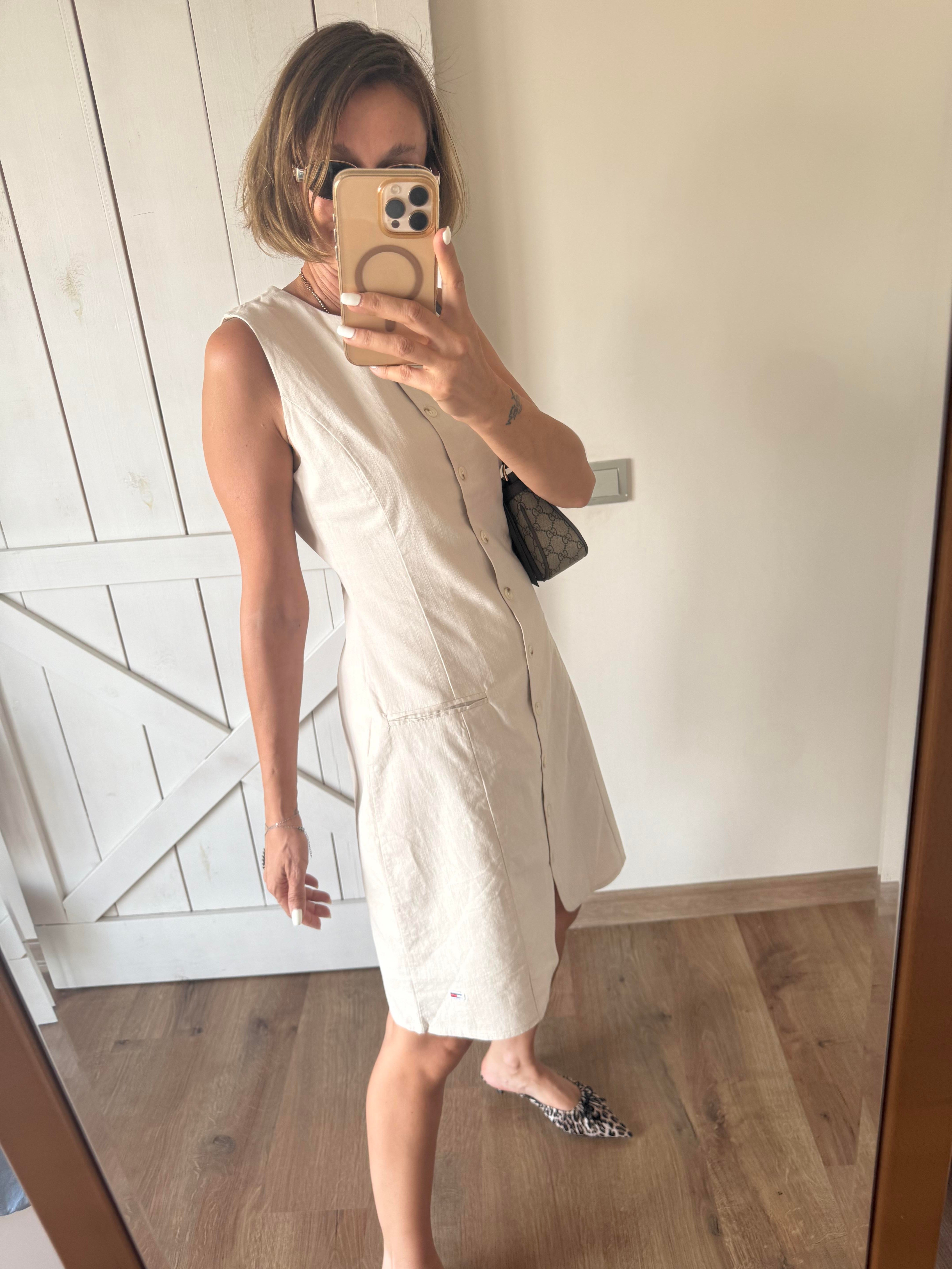 Th Ekru Keten Düğmeli Elbise