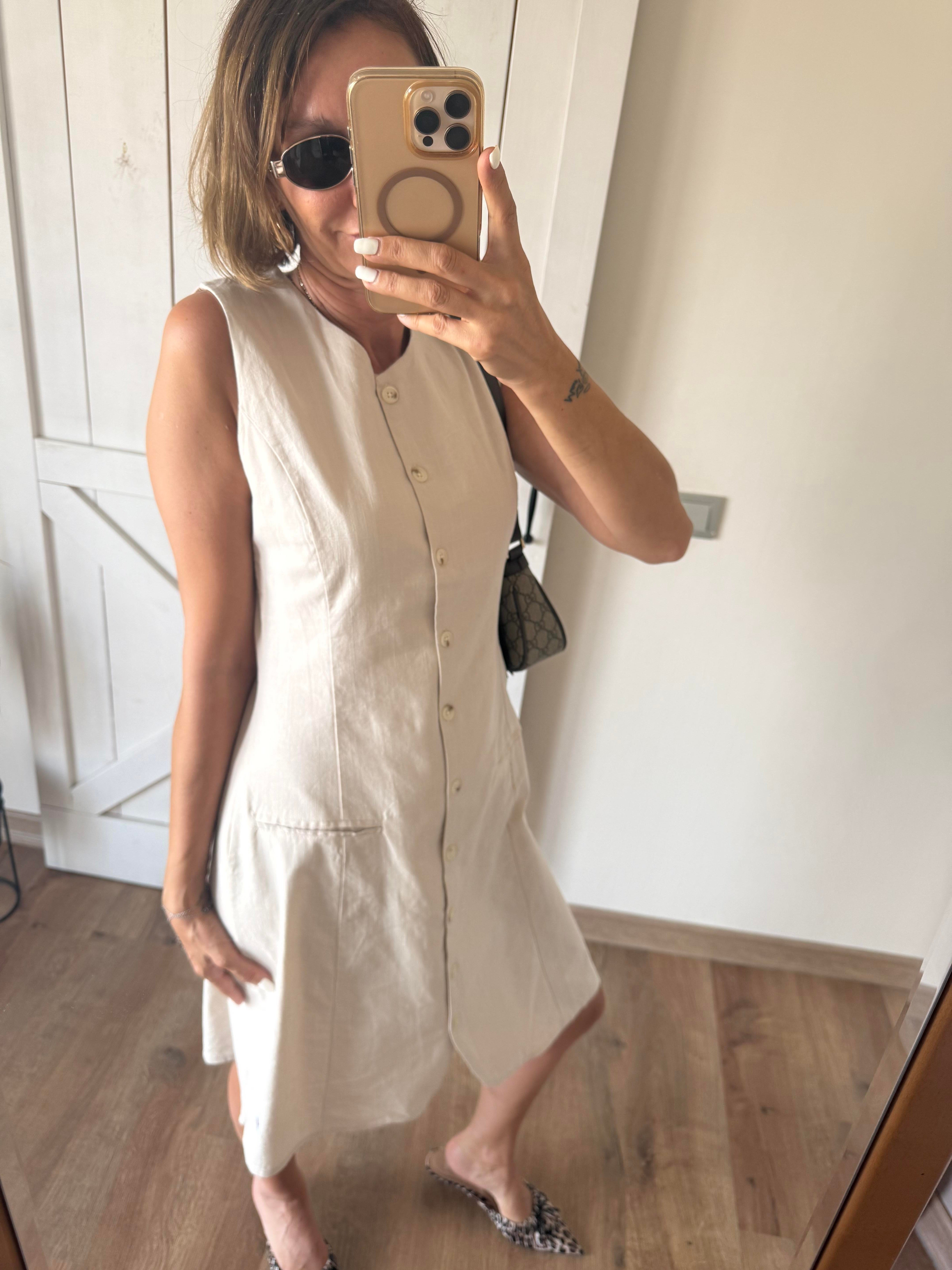 Th Ekru Keten Düğmeli Elbise