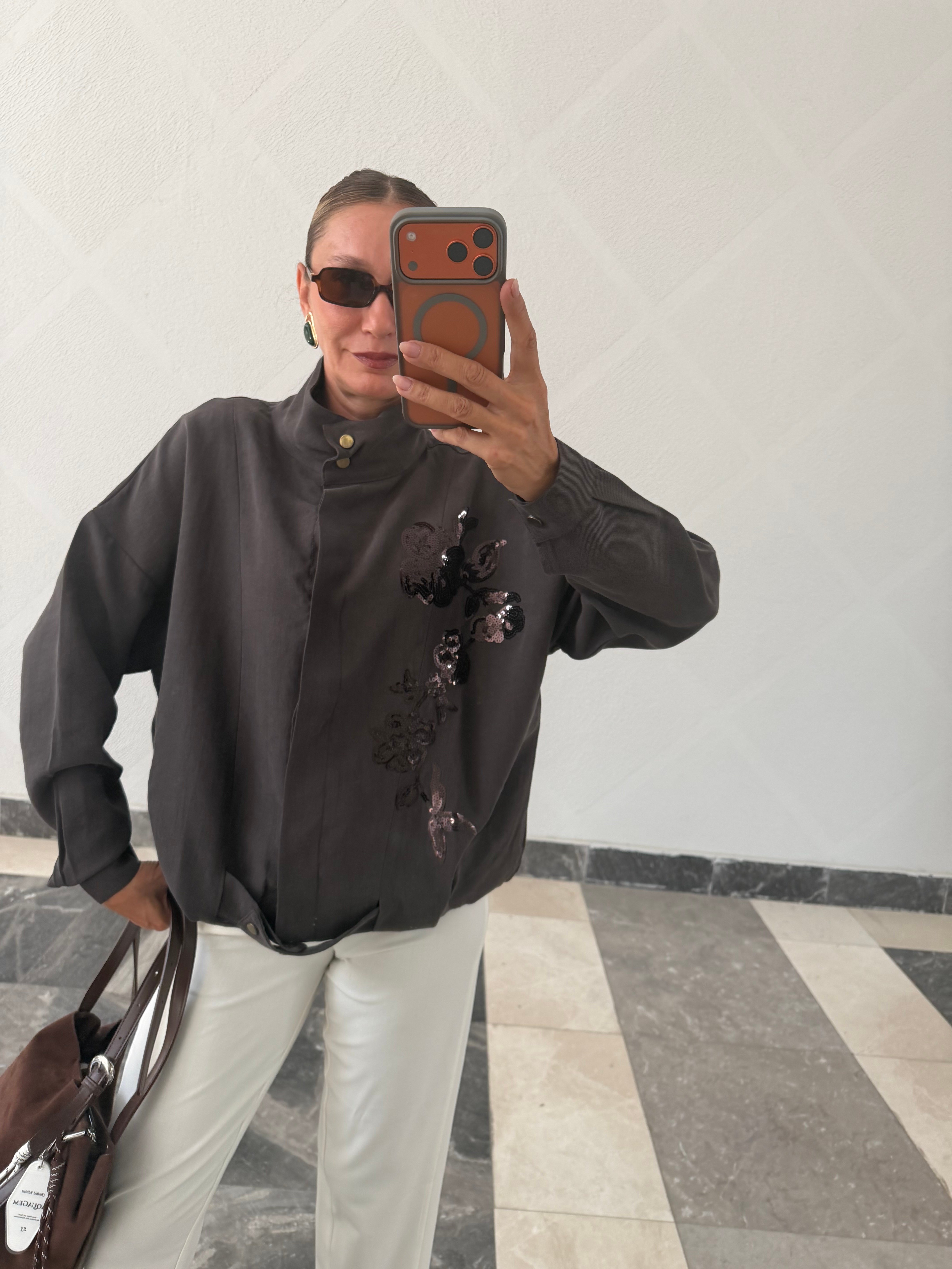 Trend Acı Kahve Nakış İşlemeli Bomber Ceket