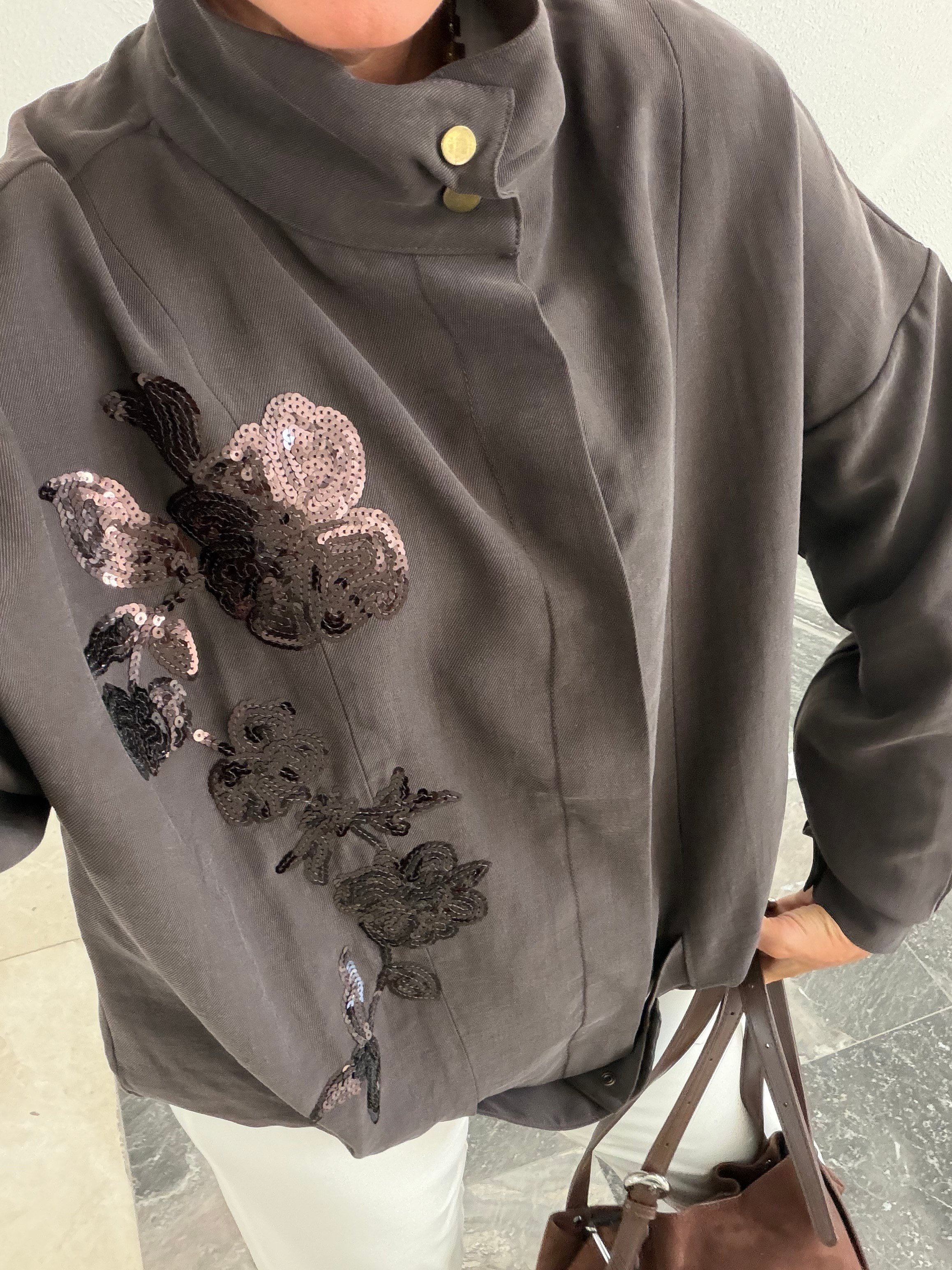 Trend Acı Kahve Nakış İşlemeli Bomber Ceket