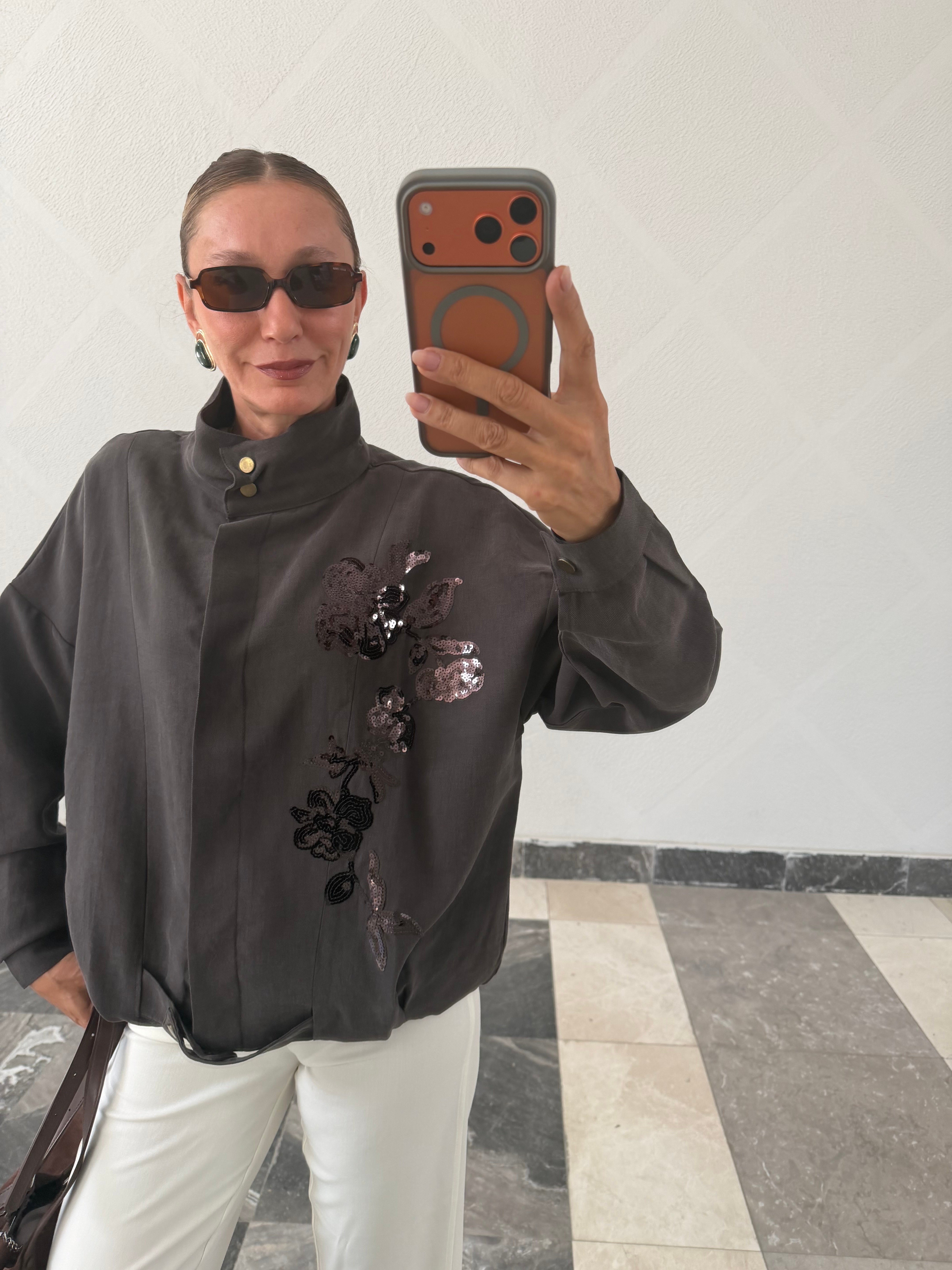 Trend Acı Kahve Nakış İşlemeli Bomber Ceket