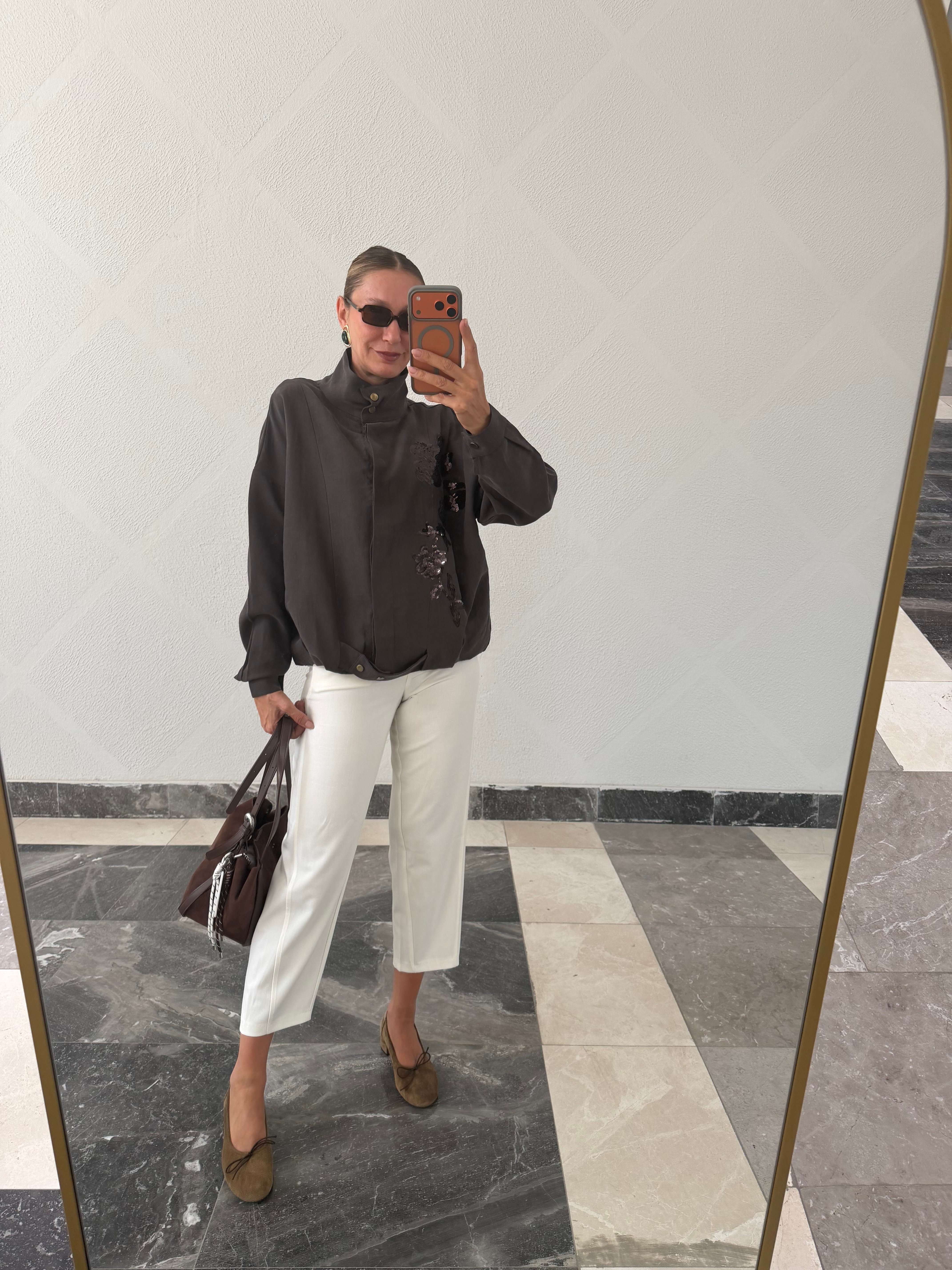 Trend Acı Kahve Nakış İşlemeli Bomber Ceket