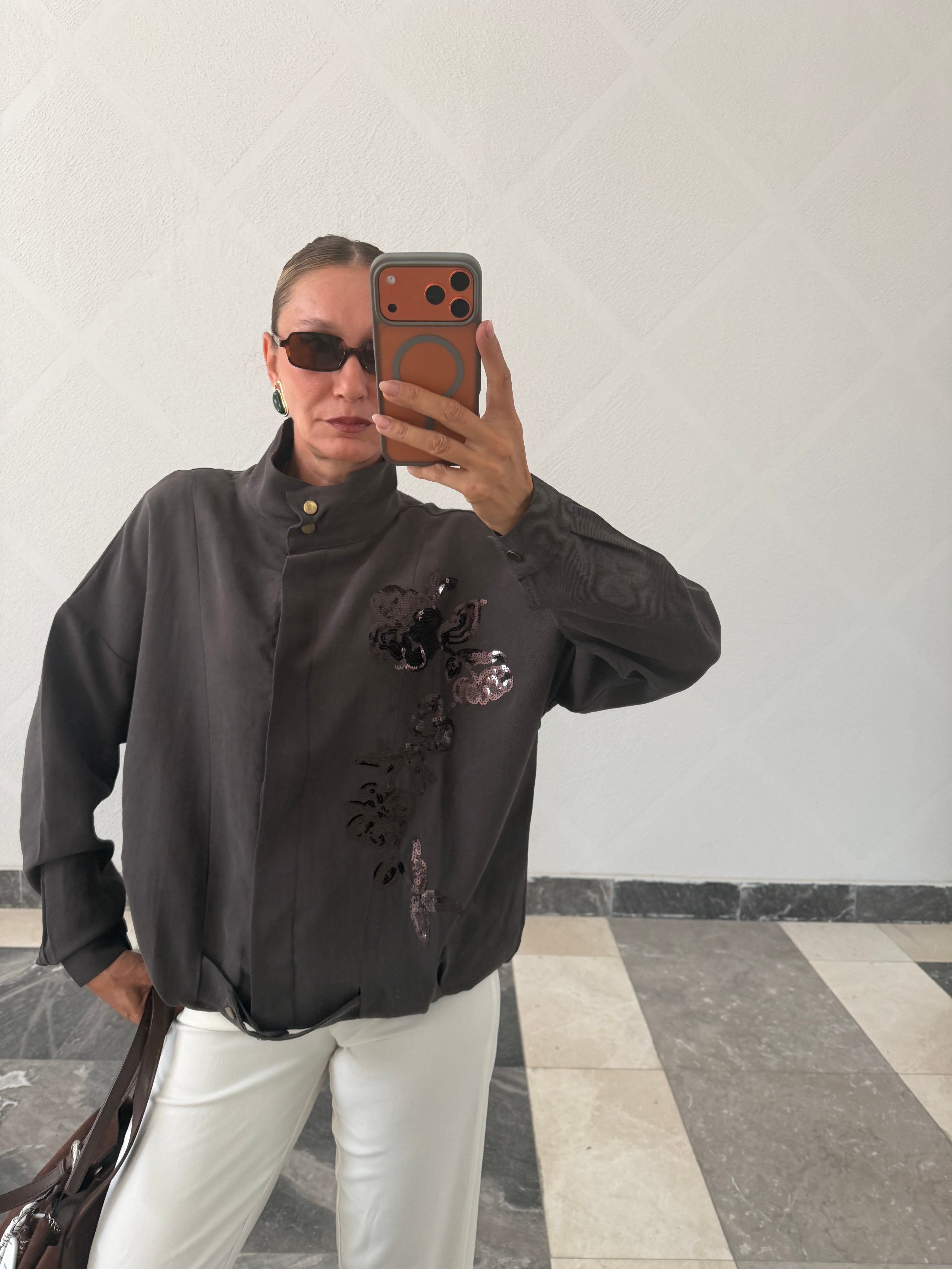 Trend Acı Kahve Nakış İşlemeli Bomber Ceket