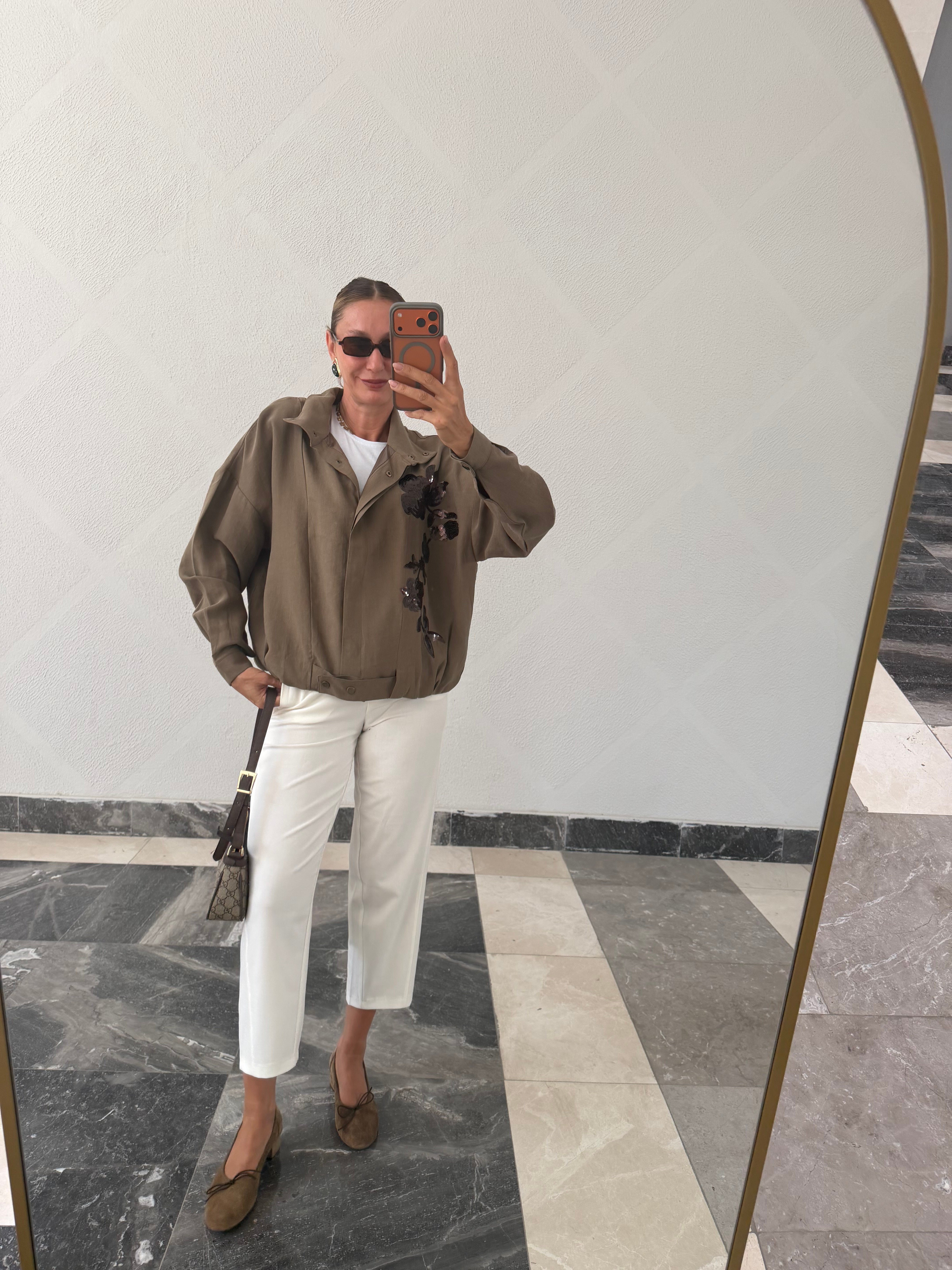 Trend Haki Nakış İşlemeli Bomber Ceket
