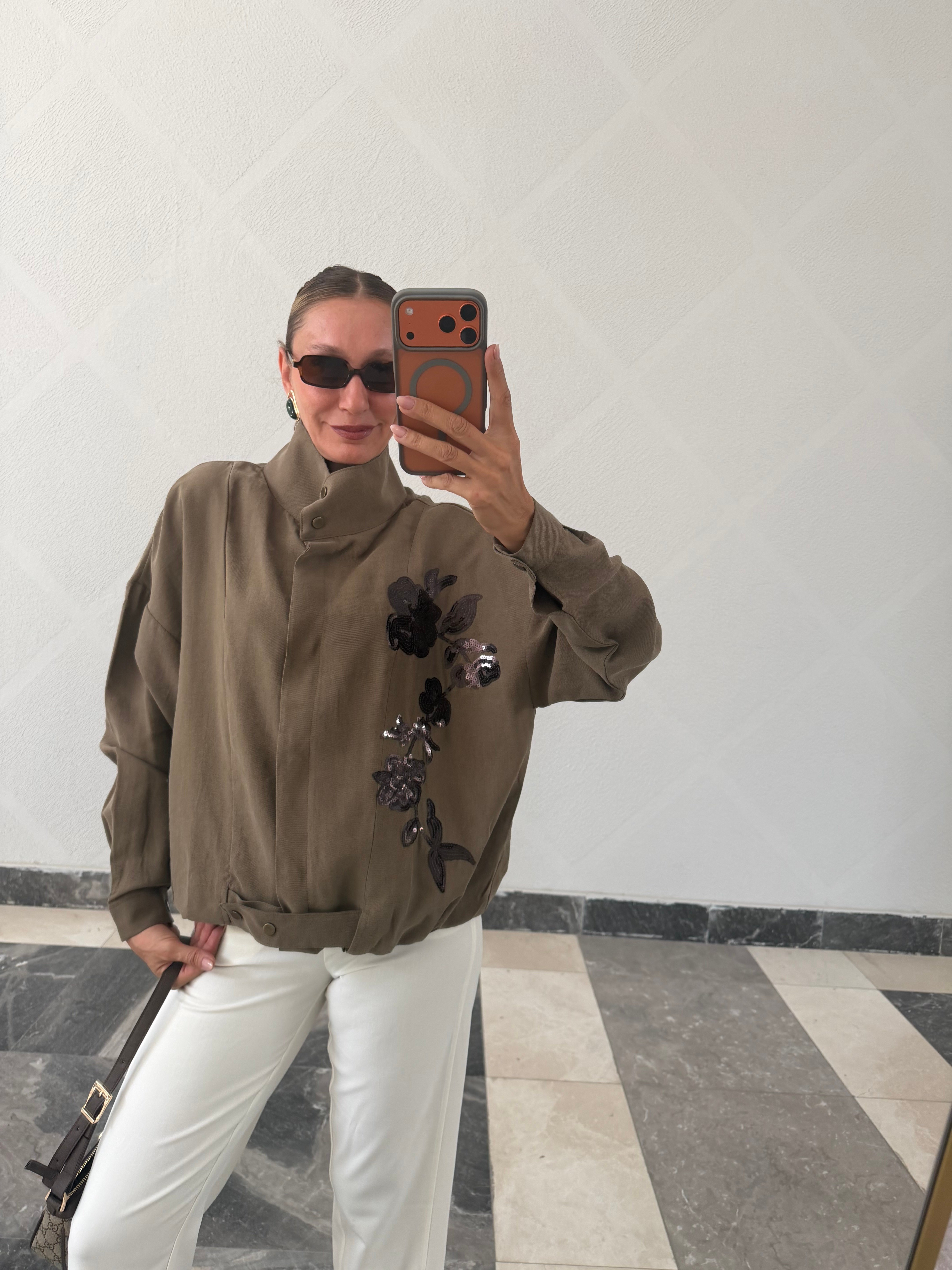 Trend Haki Nakış İşlemeli Bomber Ceket