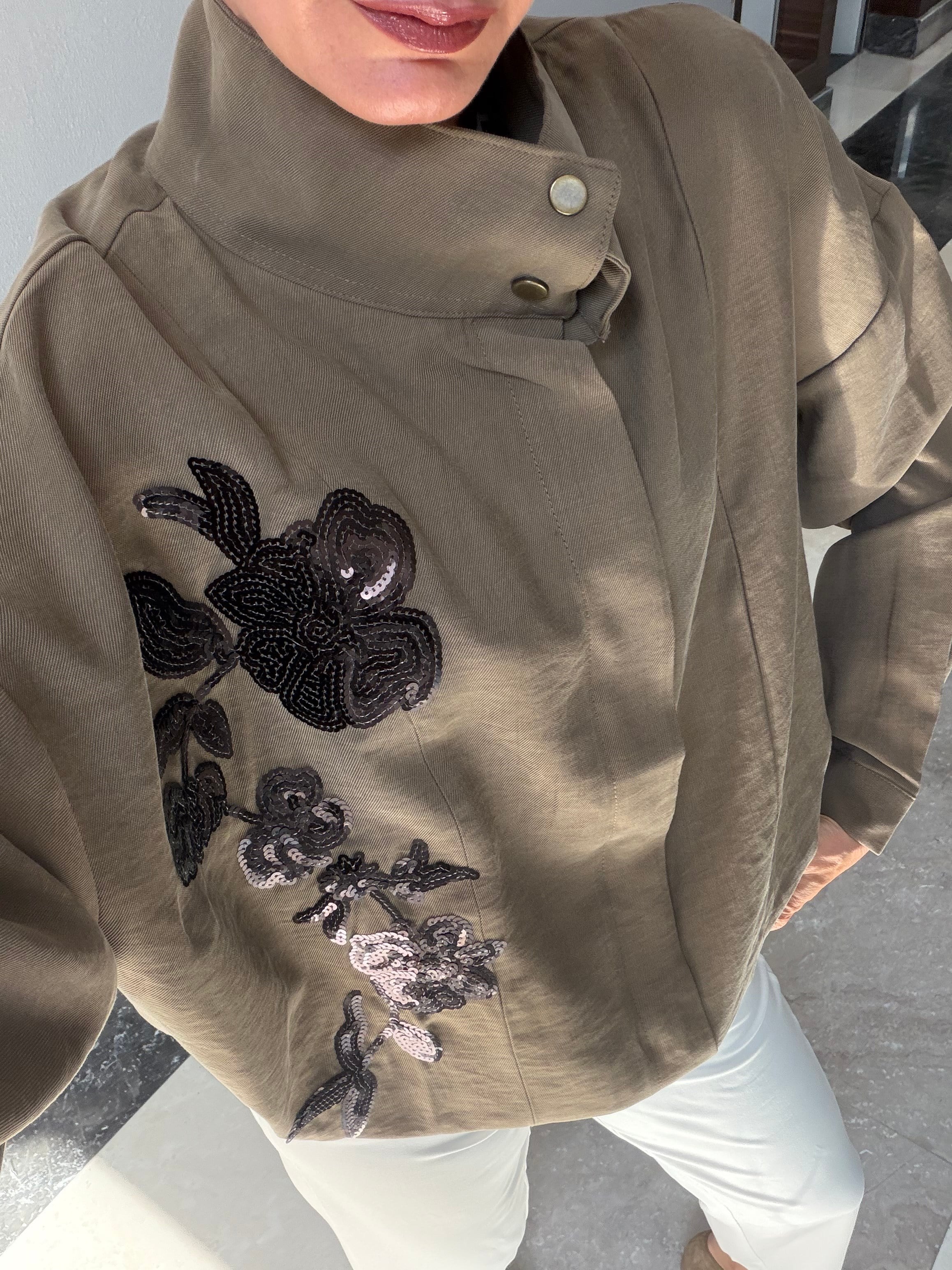 Trend Haki Nakış İşlemeli Bomber Ceket