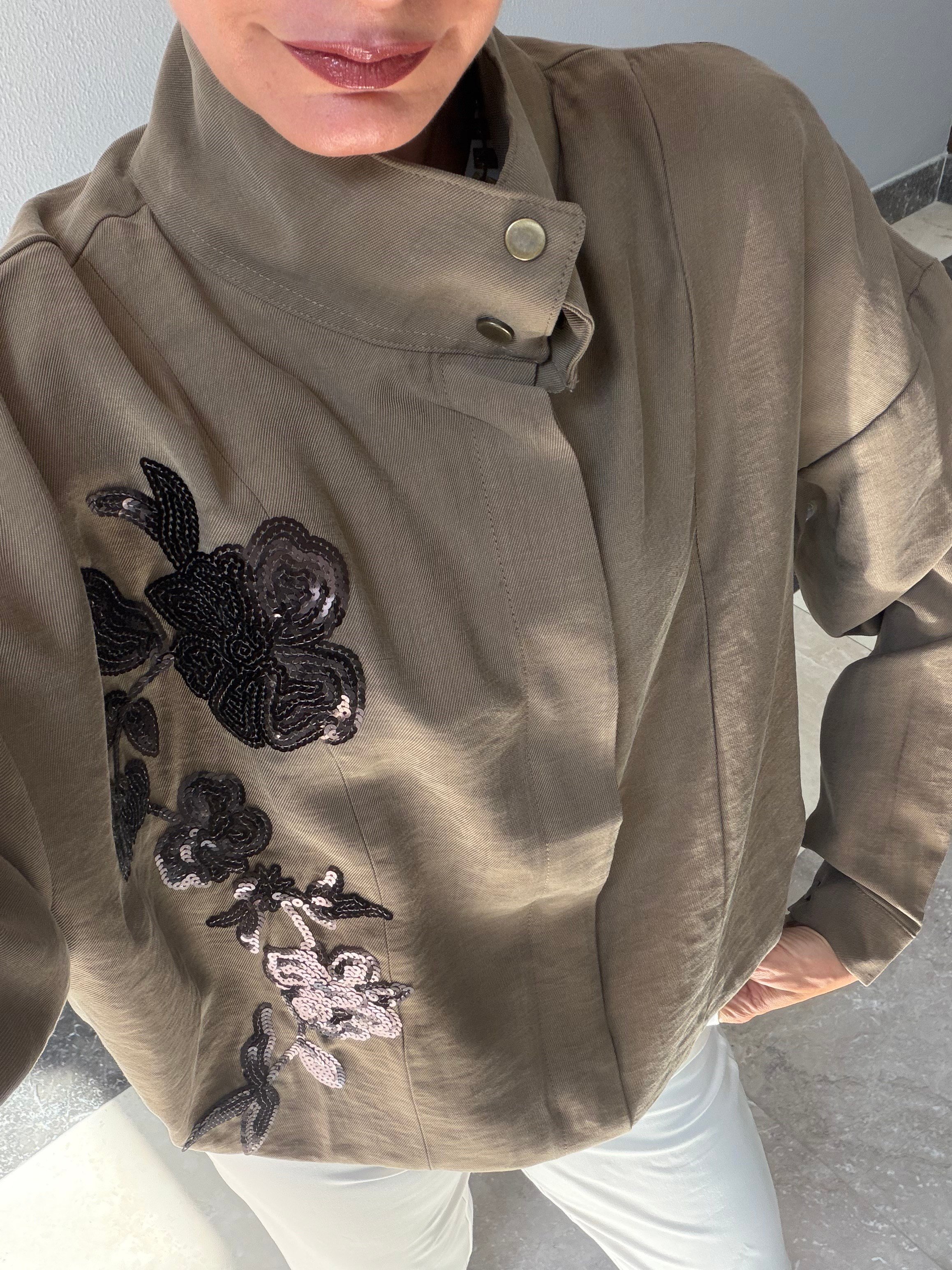 Trend Haki Nakış İşlemeli Bomber Ceket