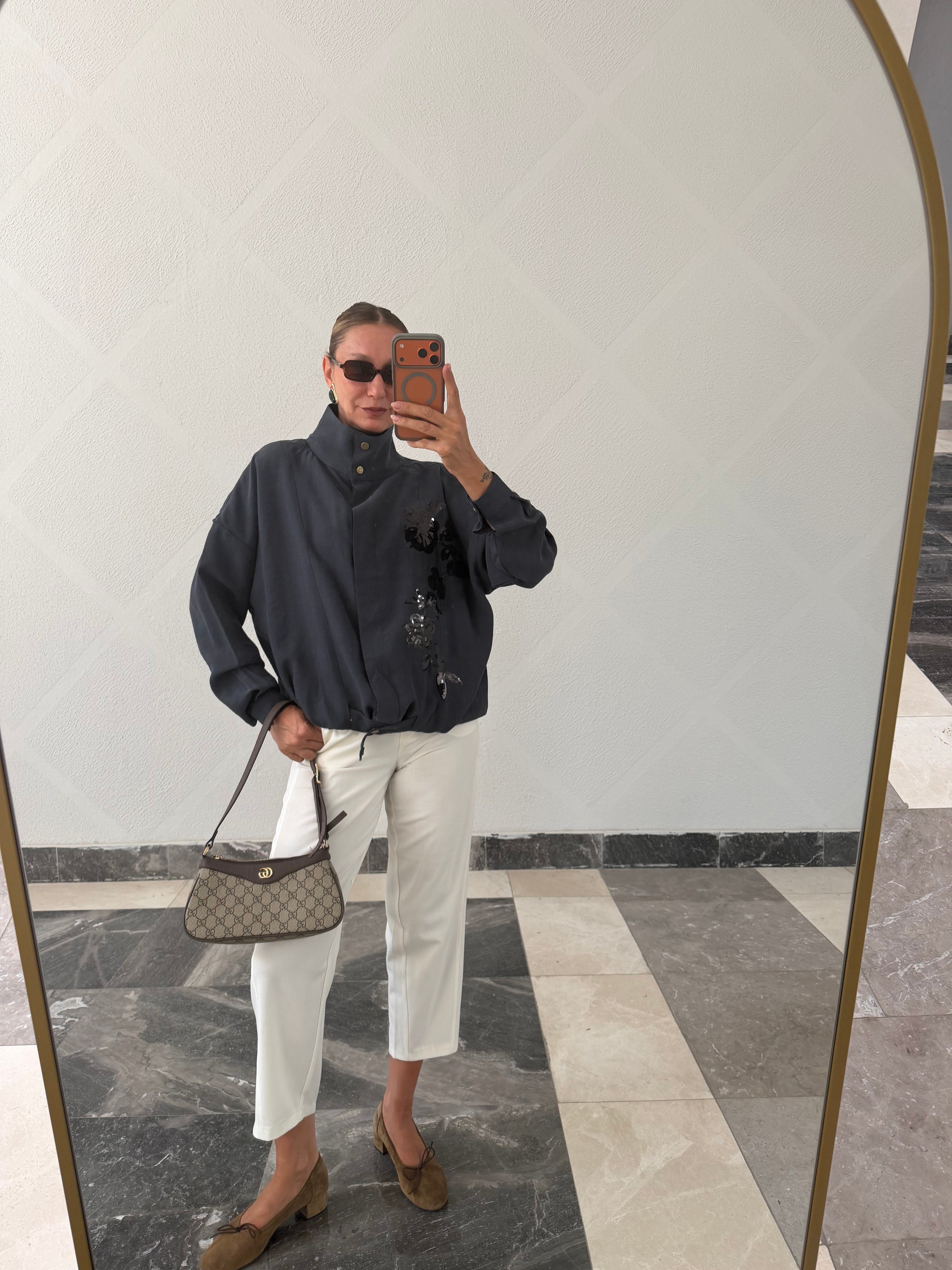 Trend Lacivert Nakış İşlemeli Bomber Ceket