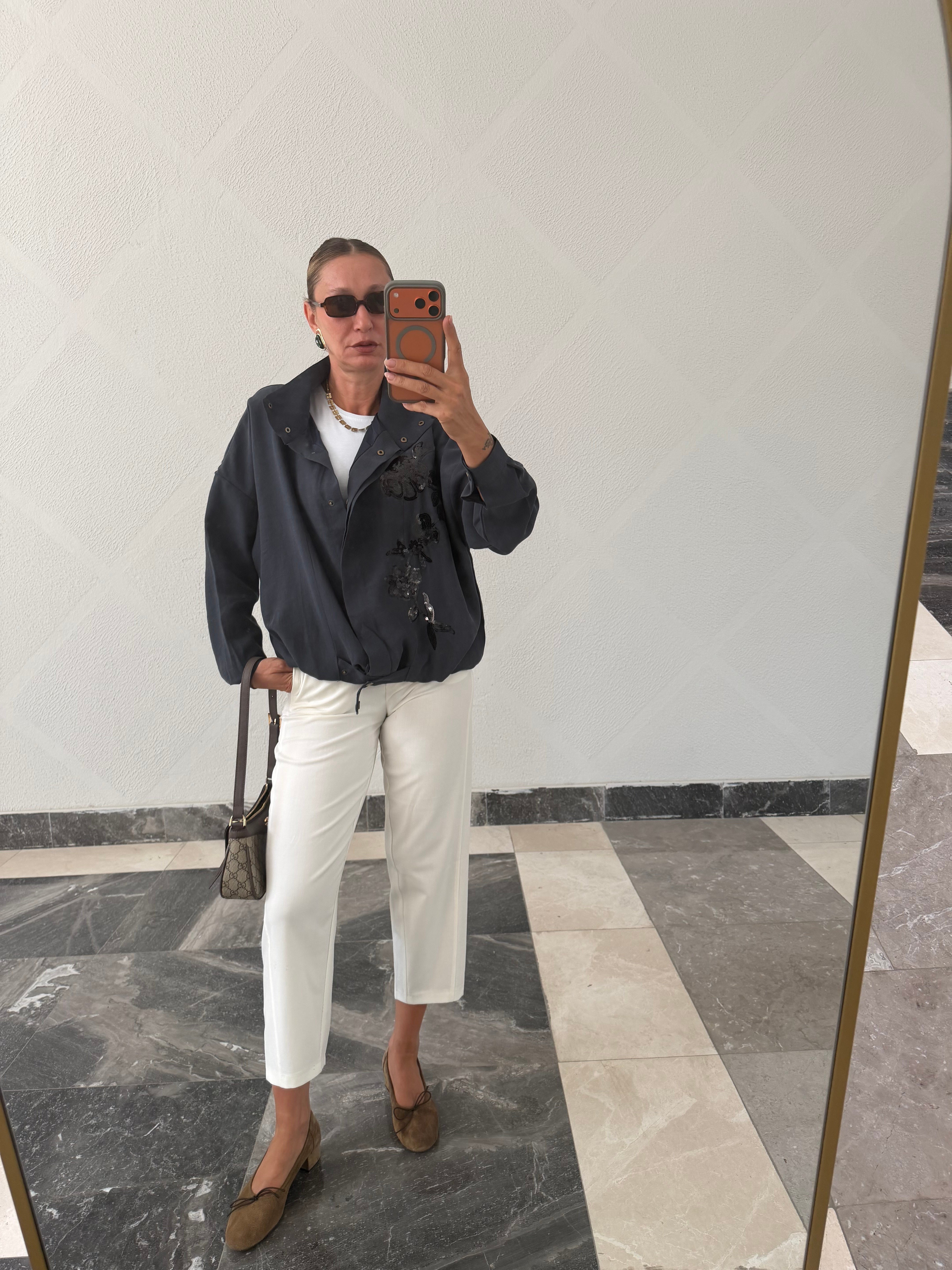 Trend Lacivert Nakış İşlemeli Bomber Ceket