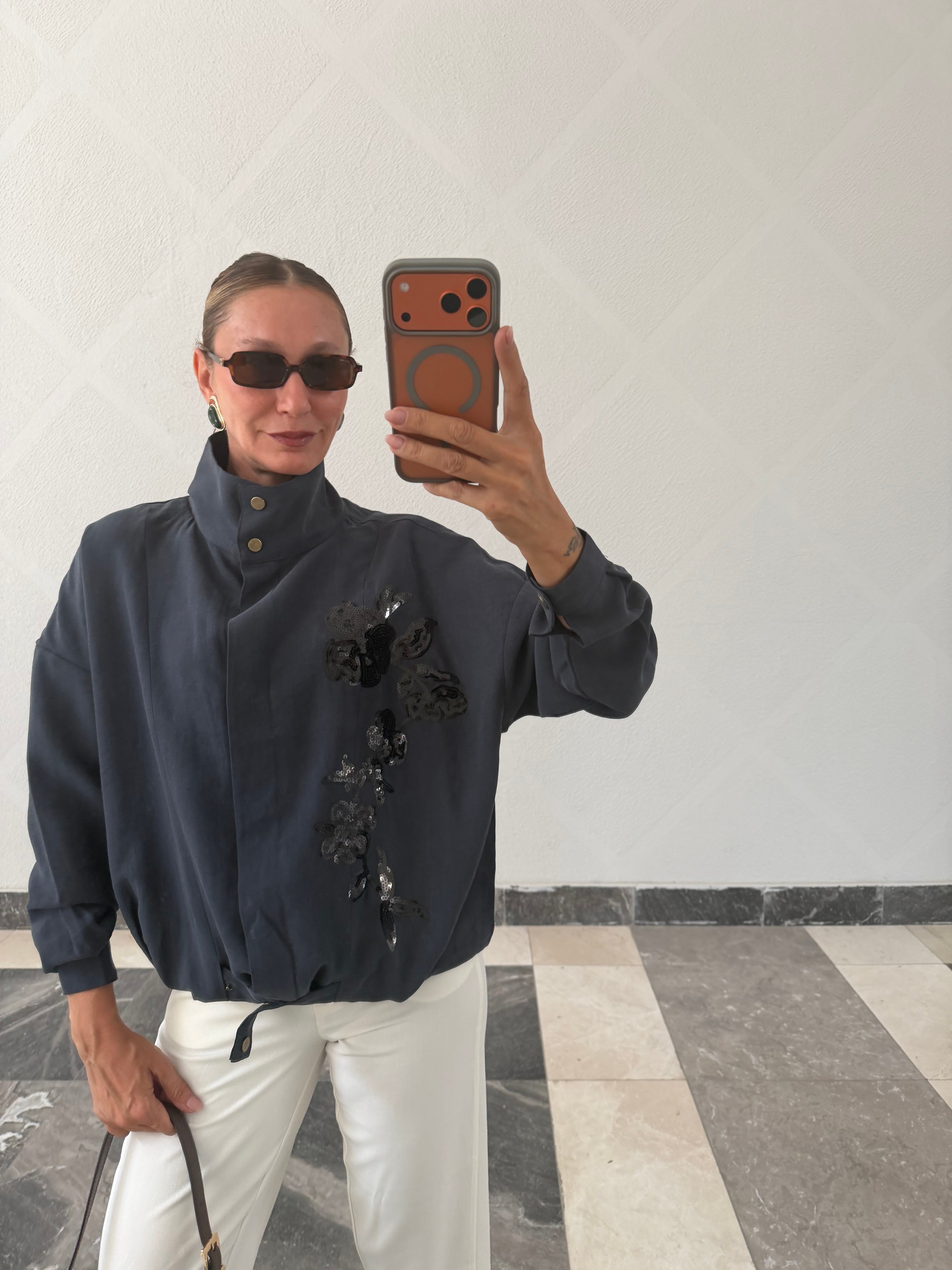 Trend Lacivert Nakış İşlemeli Bomber Ceket