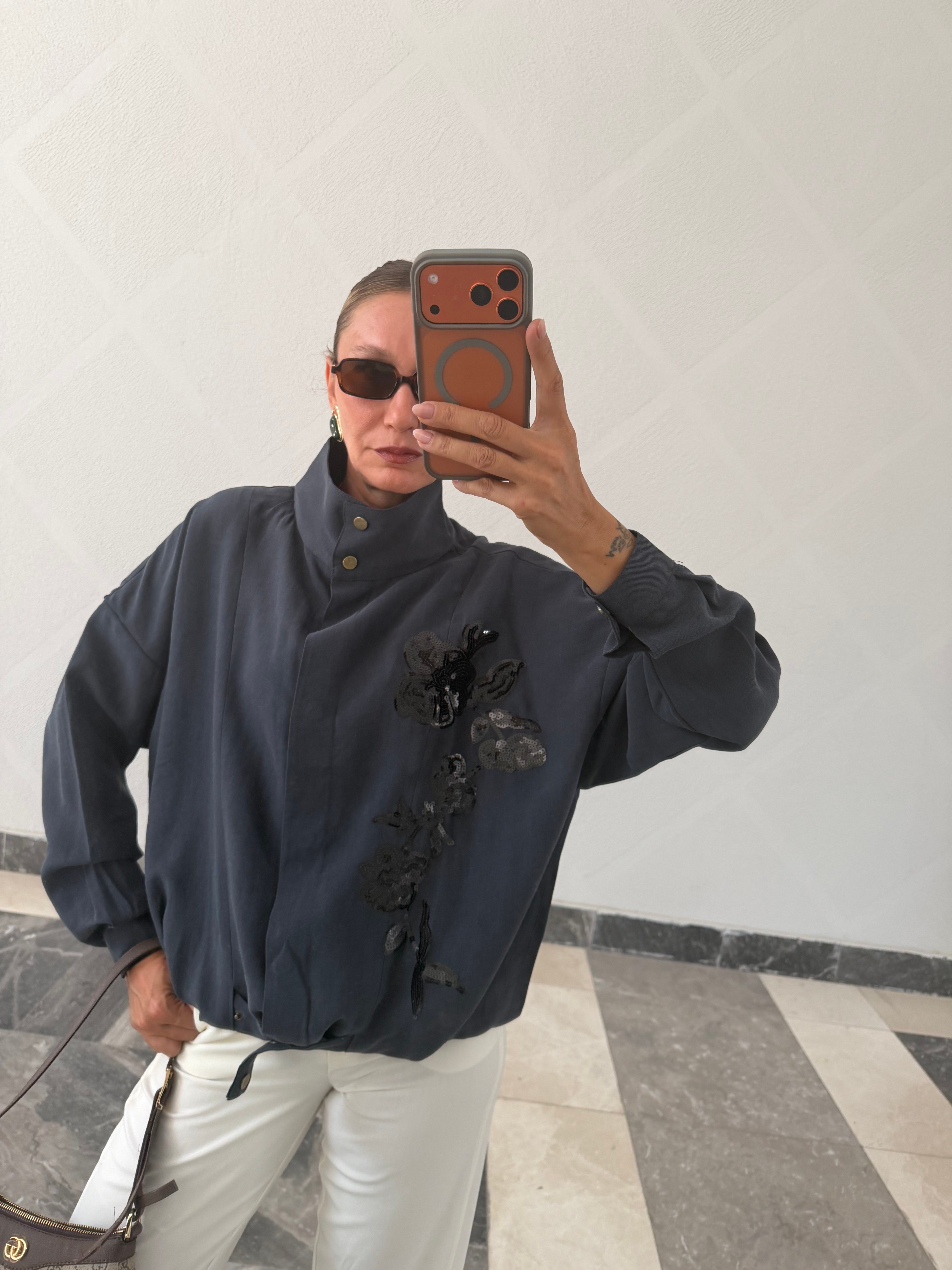 Trend Lacivert Nakış İşlemeli Bomber Ceket