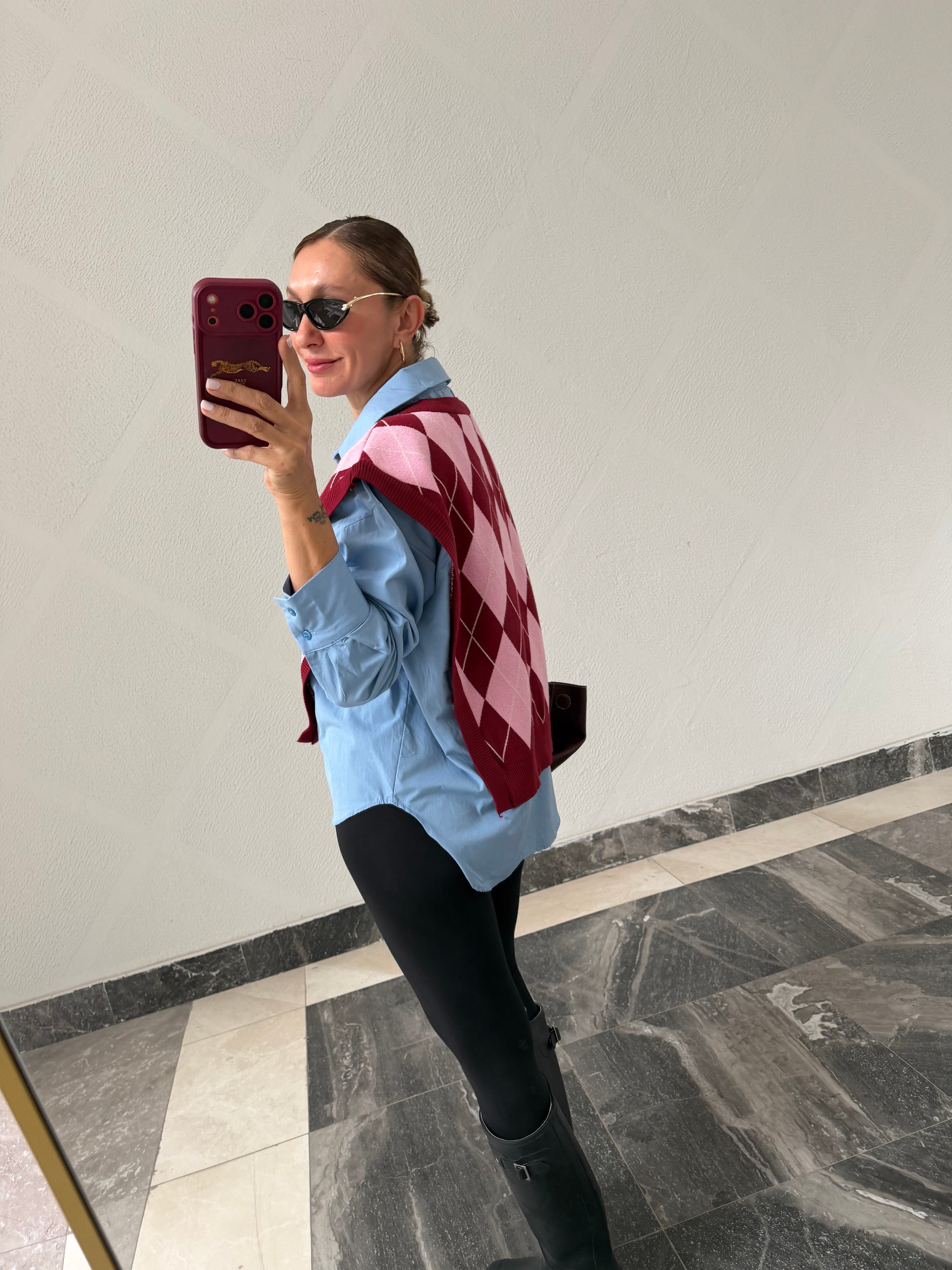Twist Model Bebek Mavi Üstü Bordo Süveter Gömlek