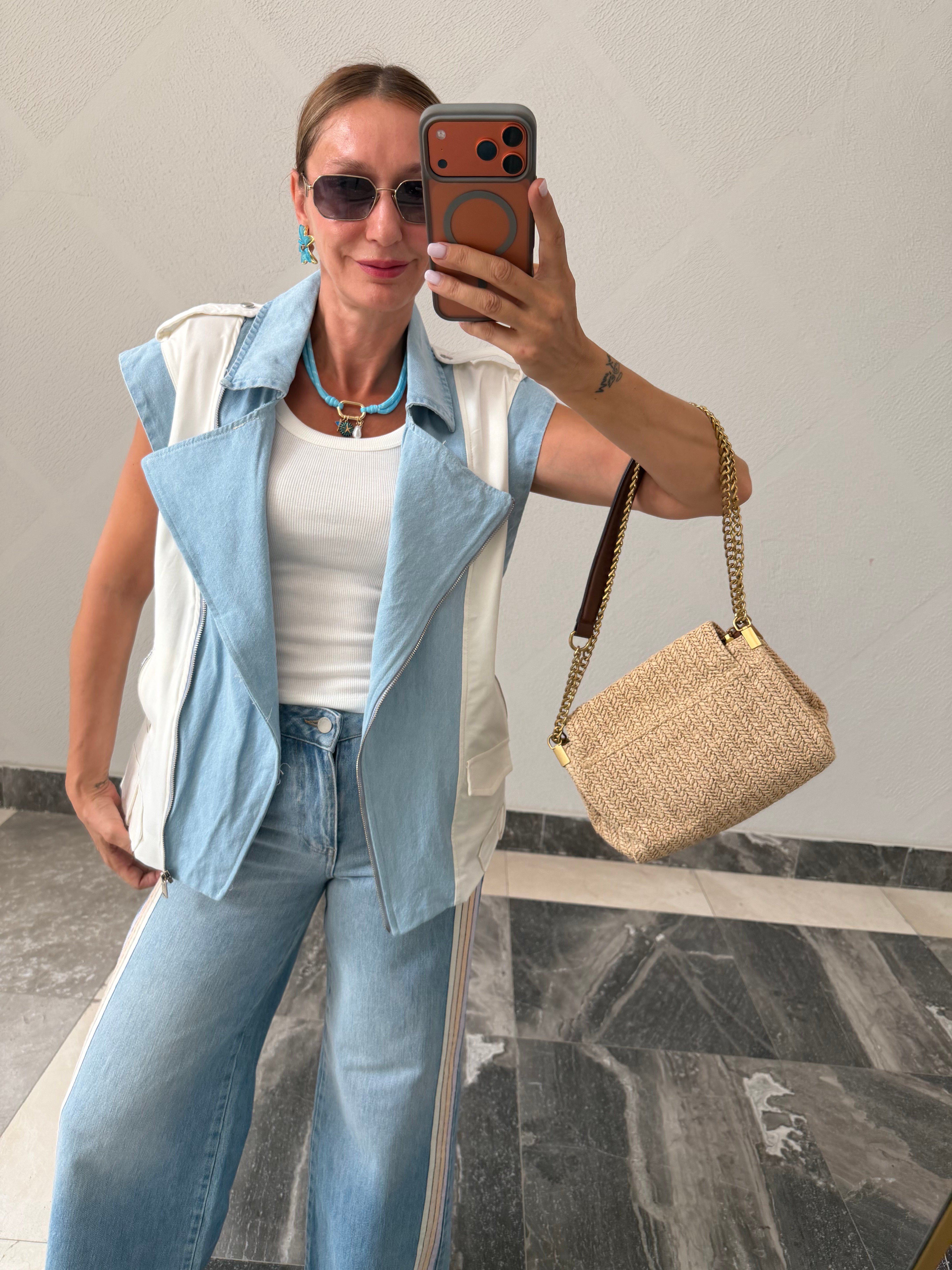 Twist Model , Jean & Poplin Mix , Garnili Fermuarlı Yelek