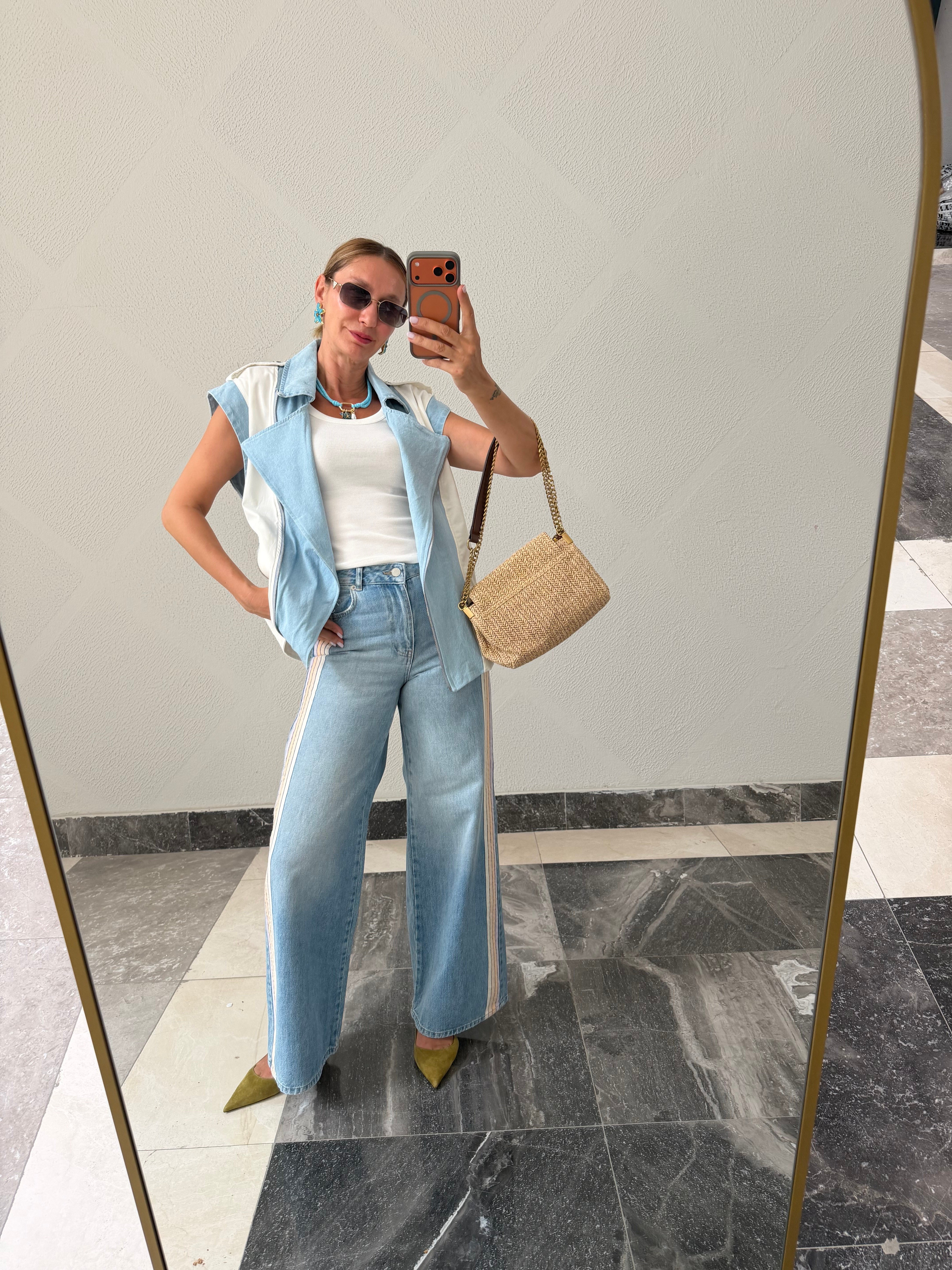 Twist Model , Jean & Poplin Mix , Garnili Fermuarlı Yelek