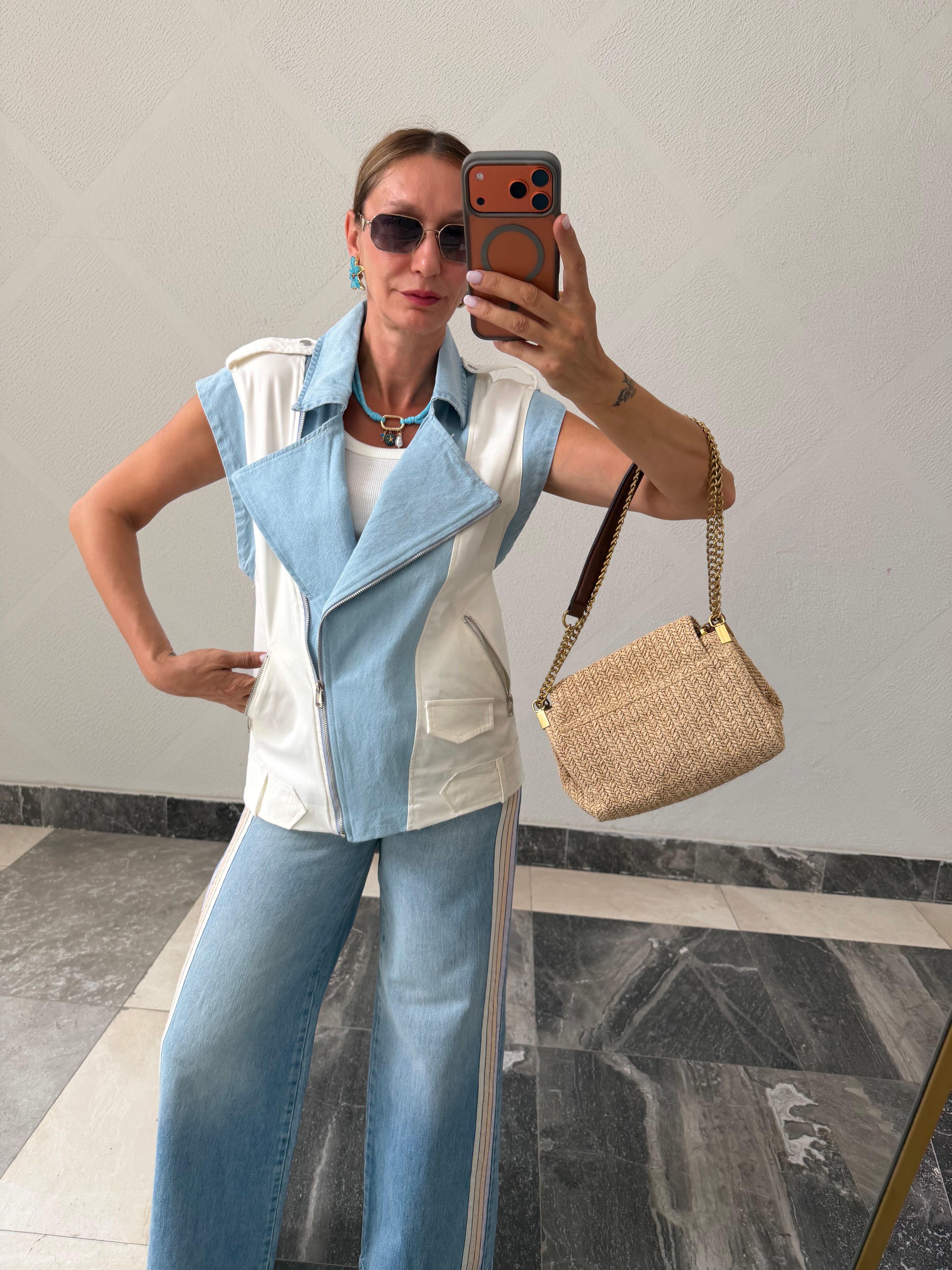Twist Model , Jean & Poplin Mix , Garnili Fermuarlı Yelek