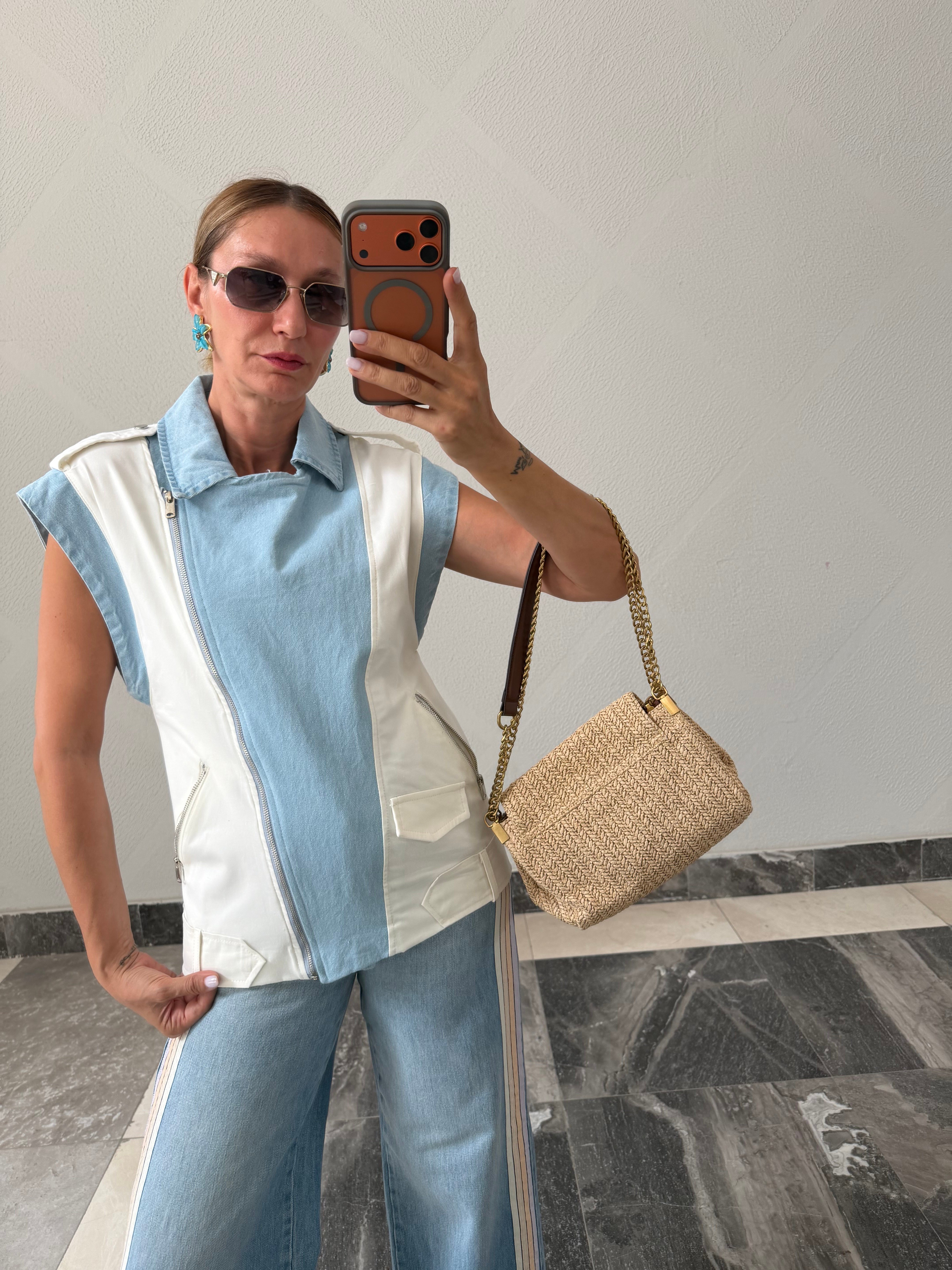 Twist Model , Jean & Poplin Mix , Garnili Fermuarlı Yelek
