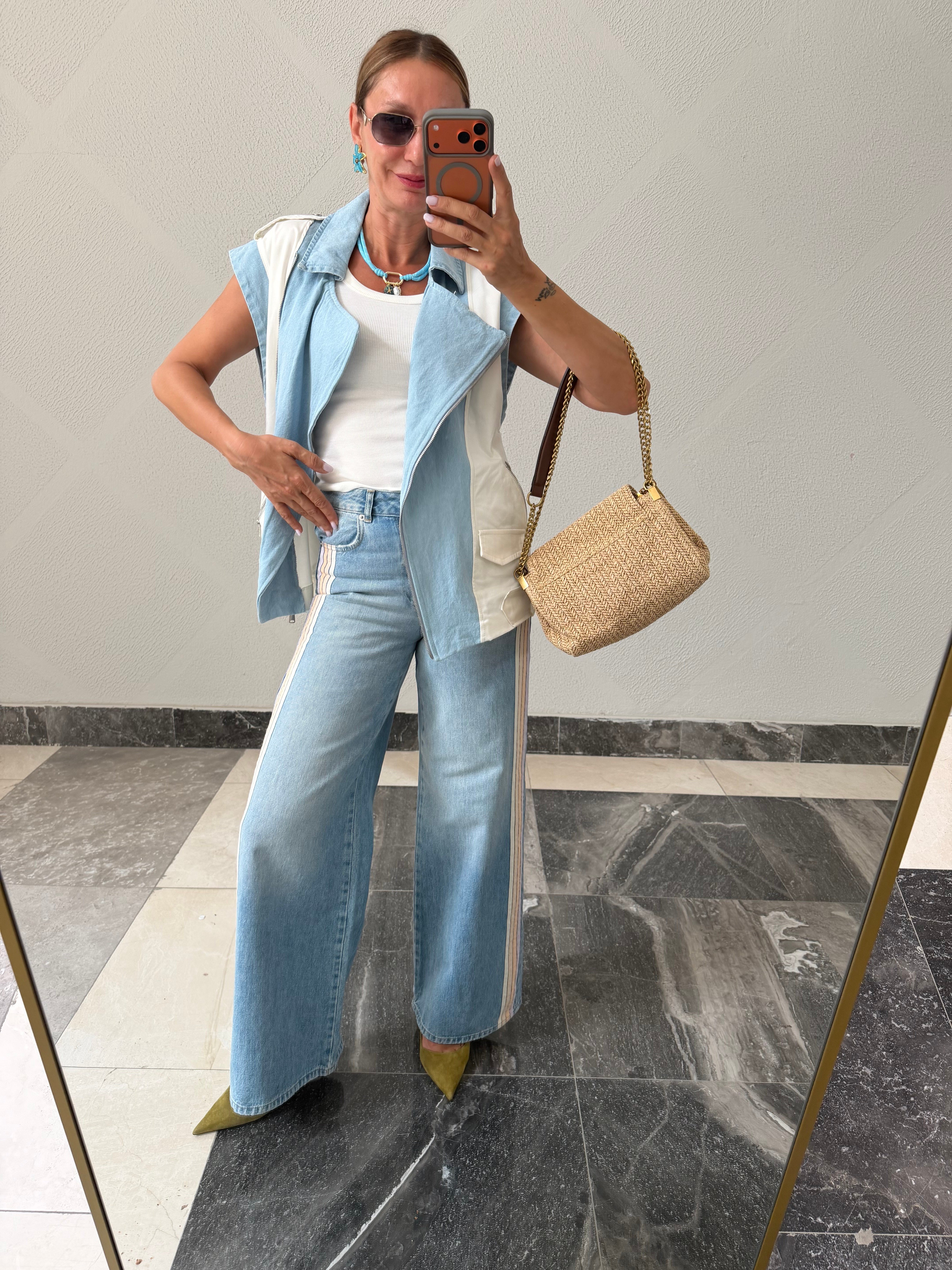 Twist Model , Jean & Poplin Mix , Garnili Fermuarlı Yelek