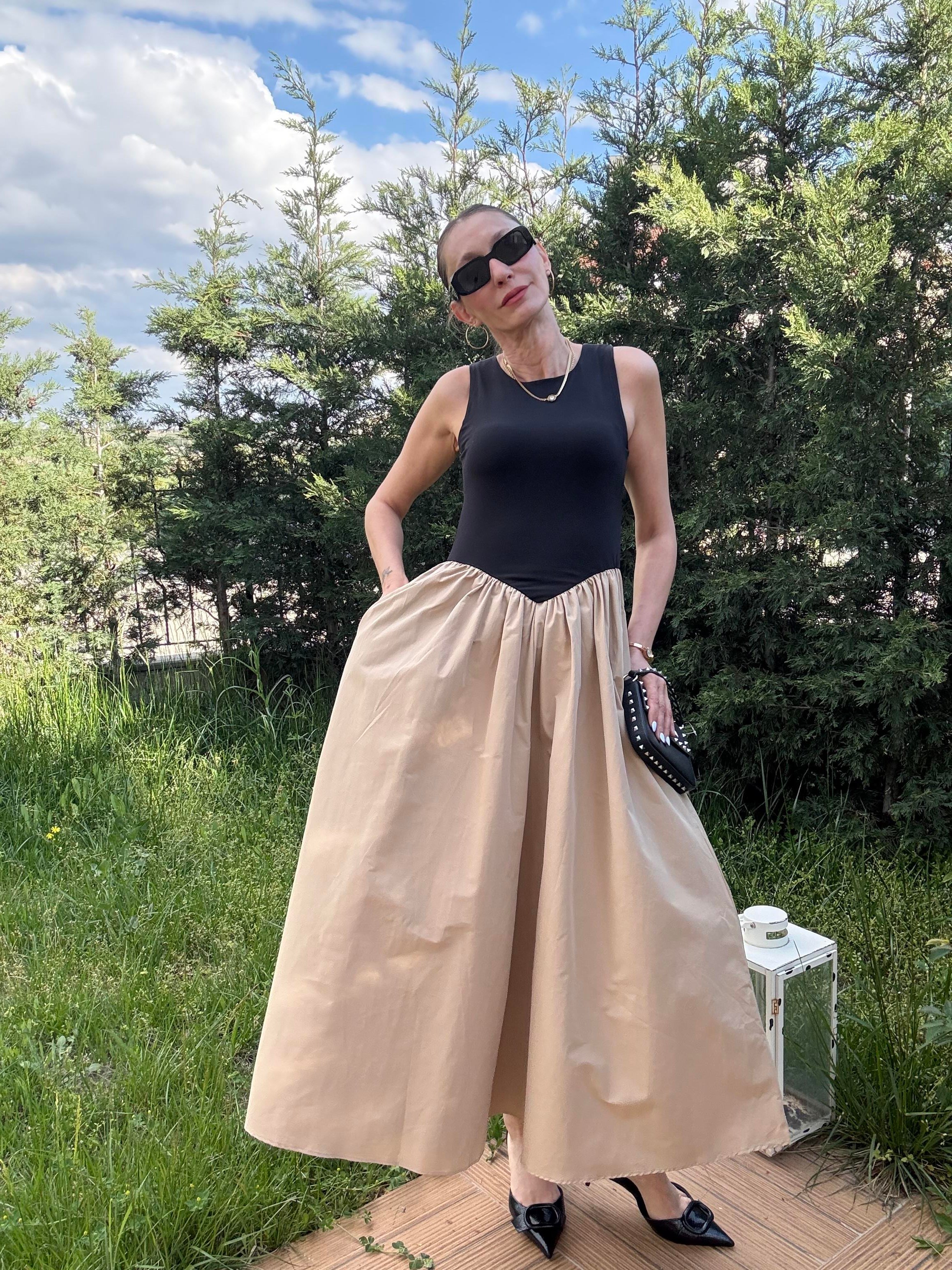 Üstü Jarse Poplin Camel Elbise