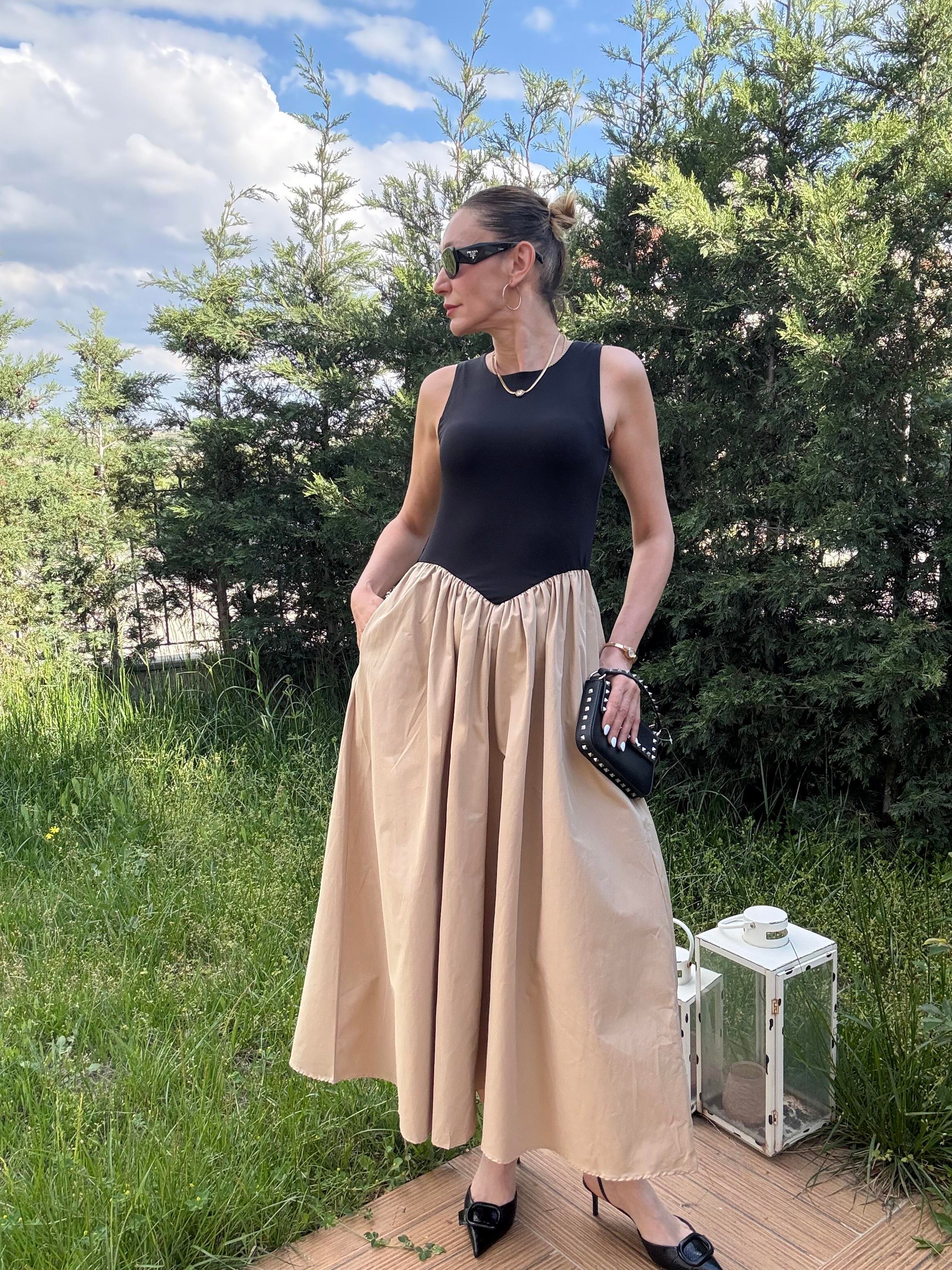 Üstü Jarse Poplin Camel Elbise