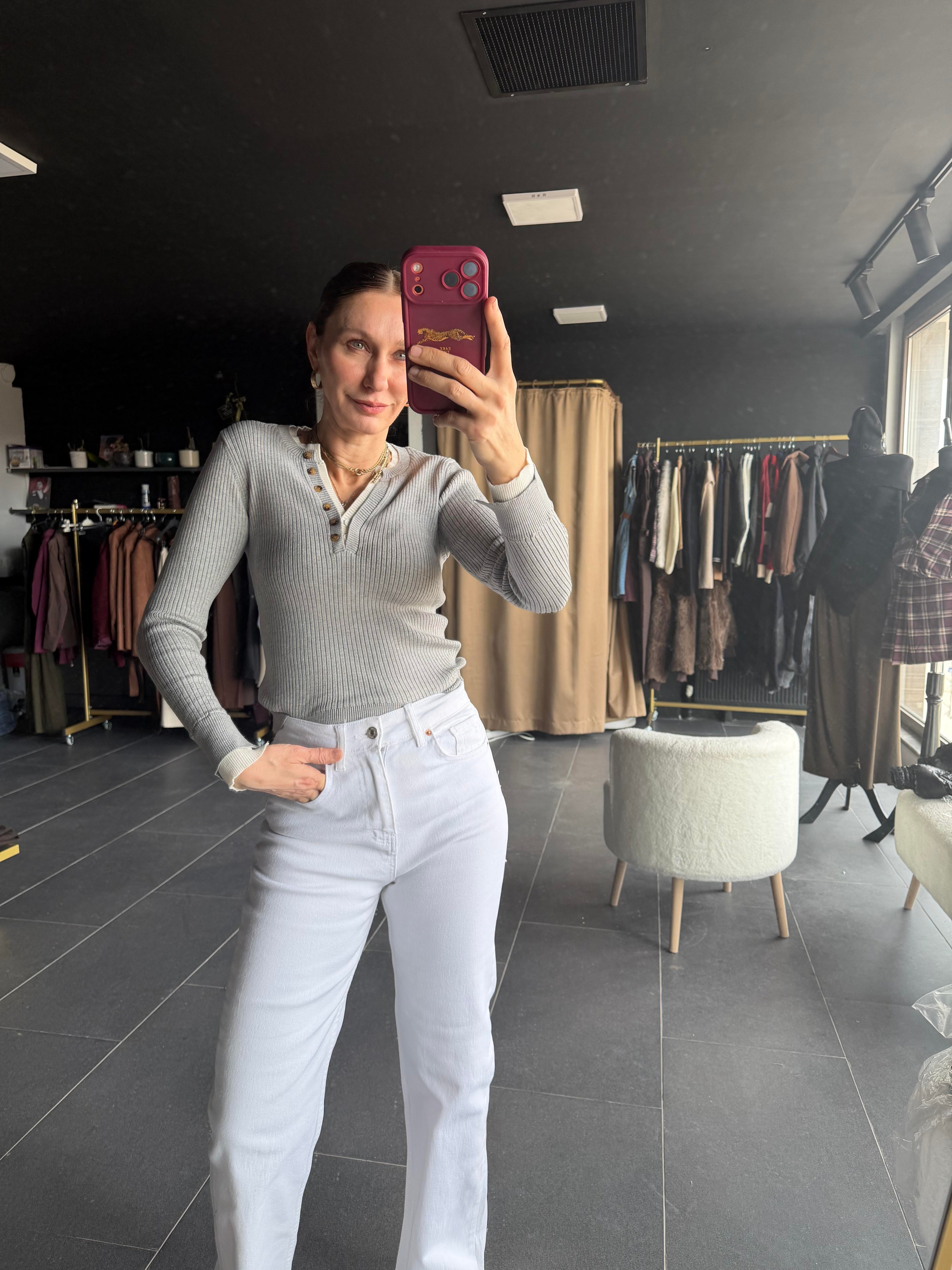 V Çift Yaka Gri Triko