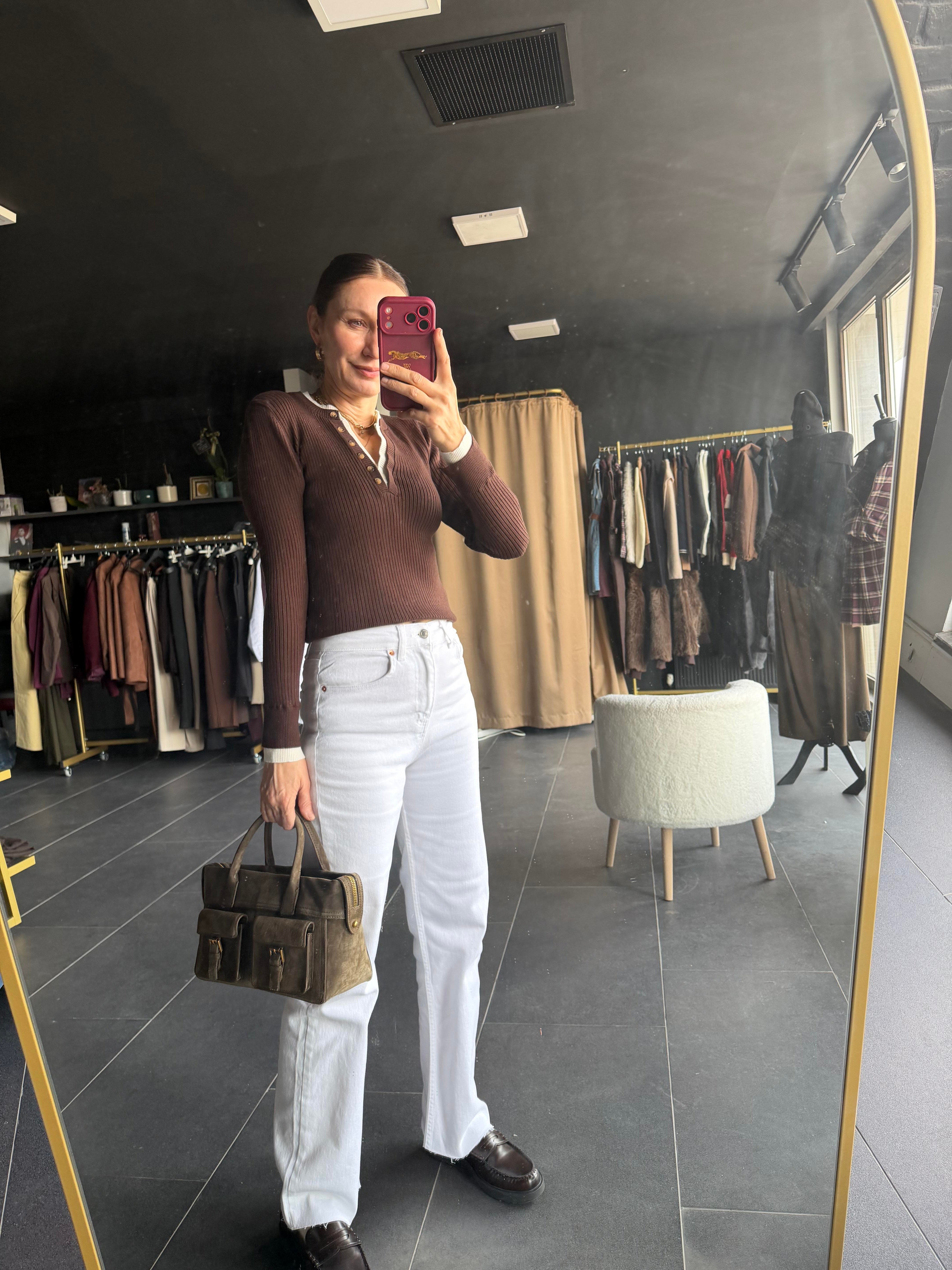 V Çift Yaka Kahve Triko