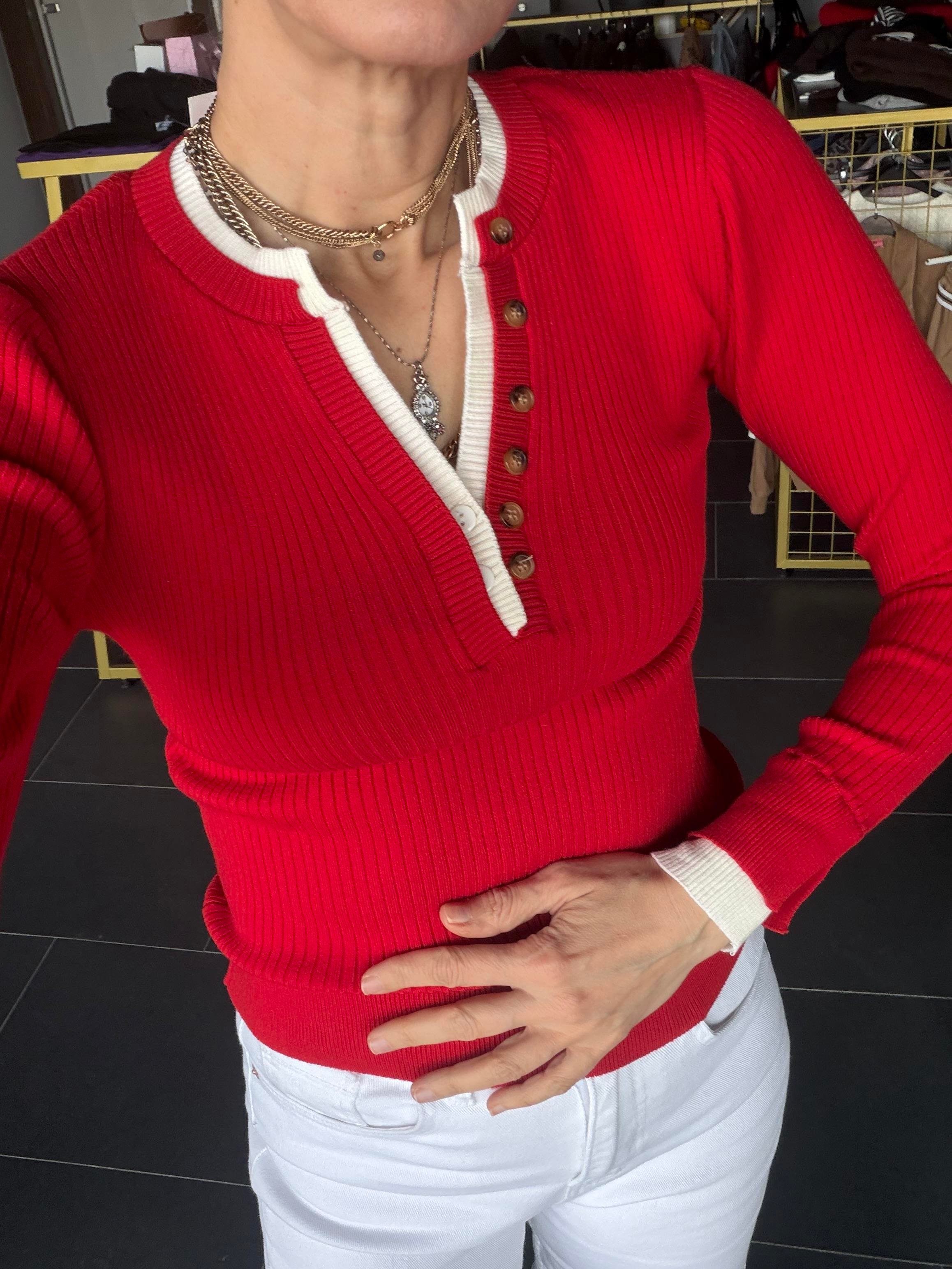 V Çift Yaka Kırmızı Triko