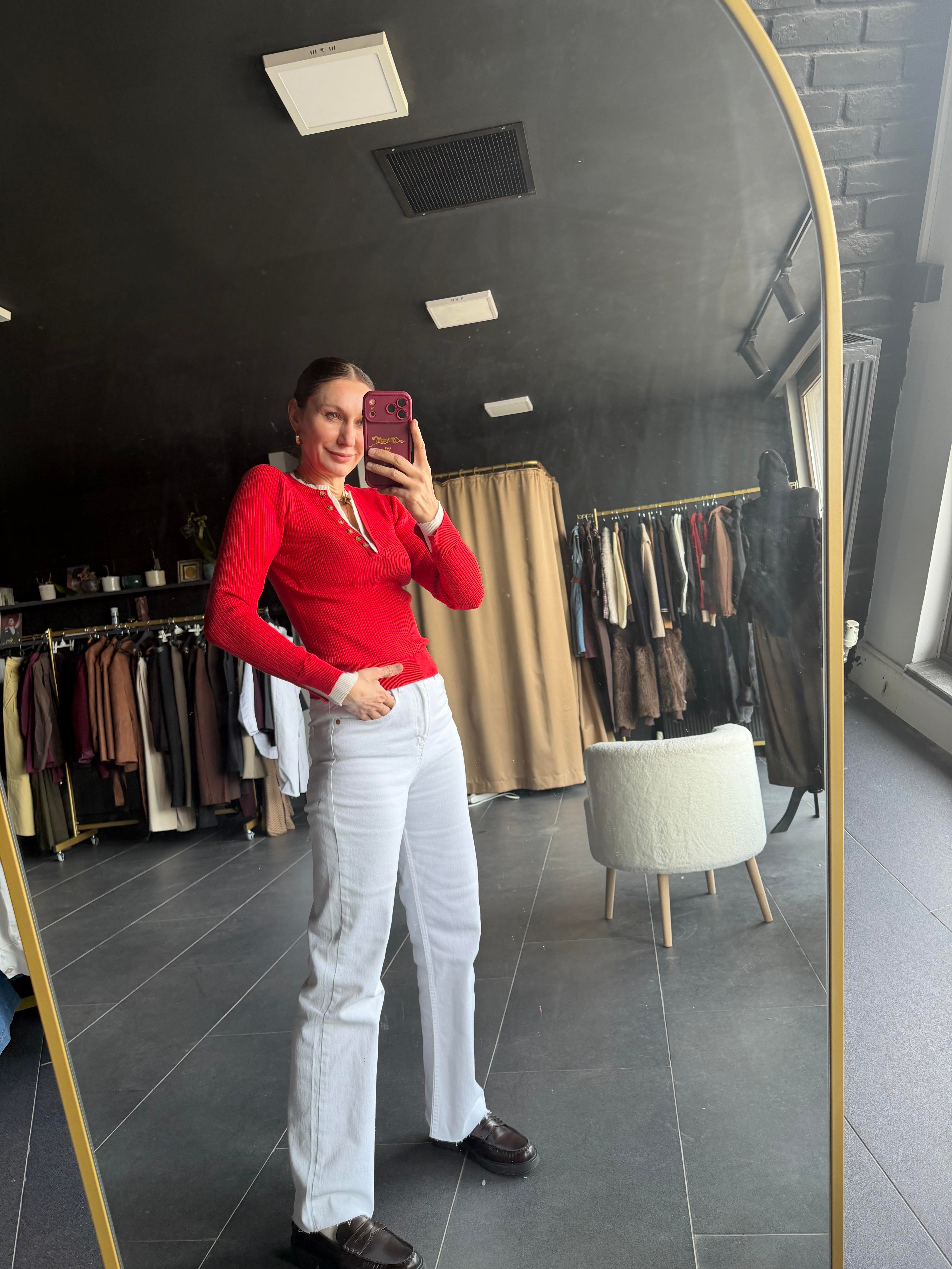 V Çift Yaka Kırmızı Triko