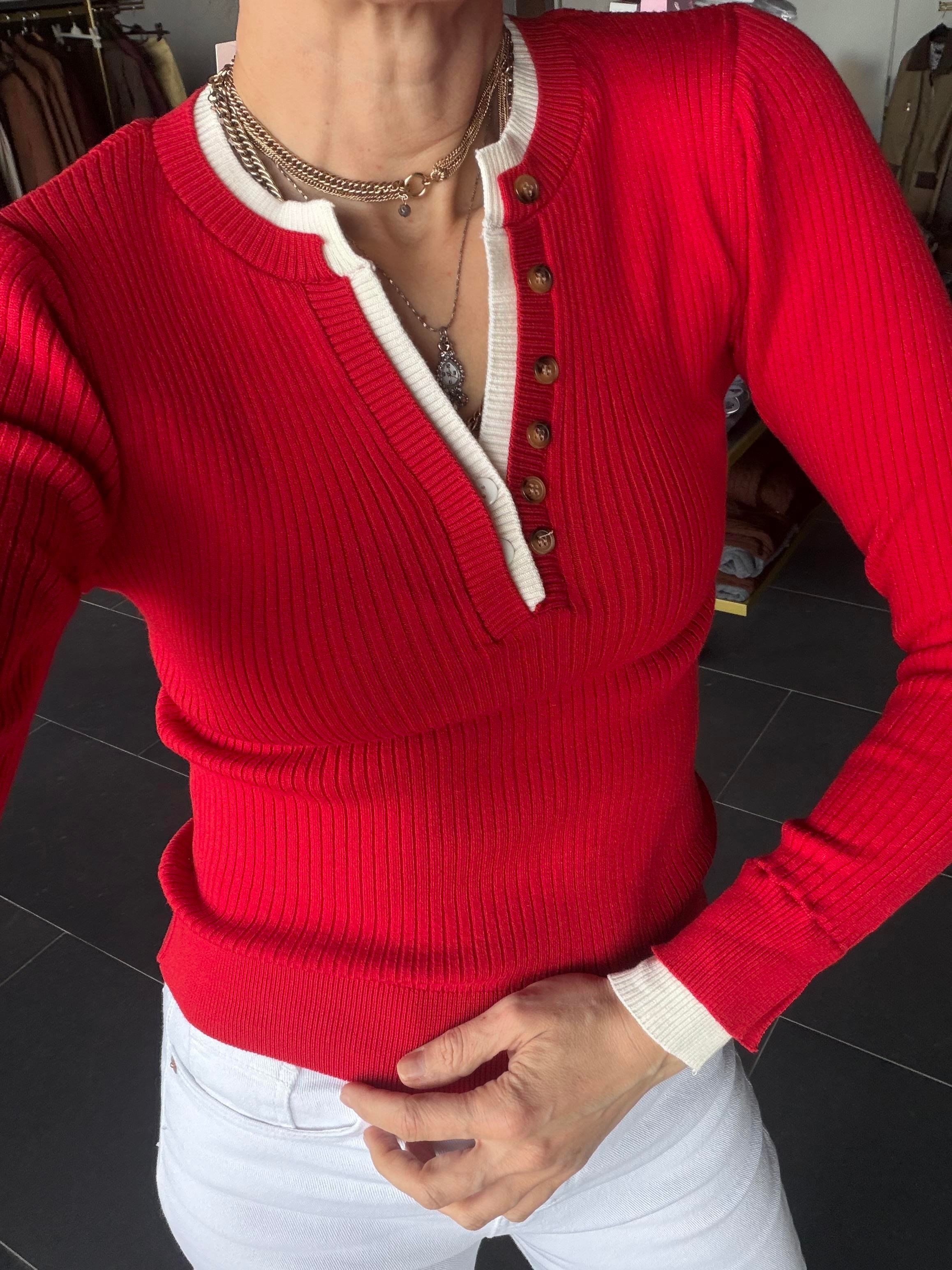 V Çift Yaka Kırmızı Triko