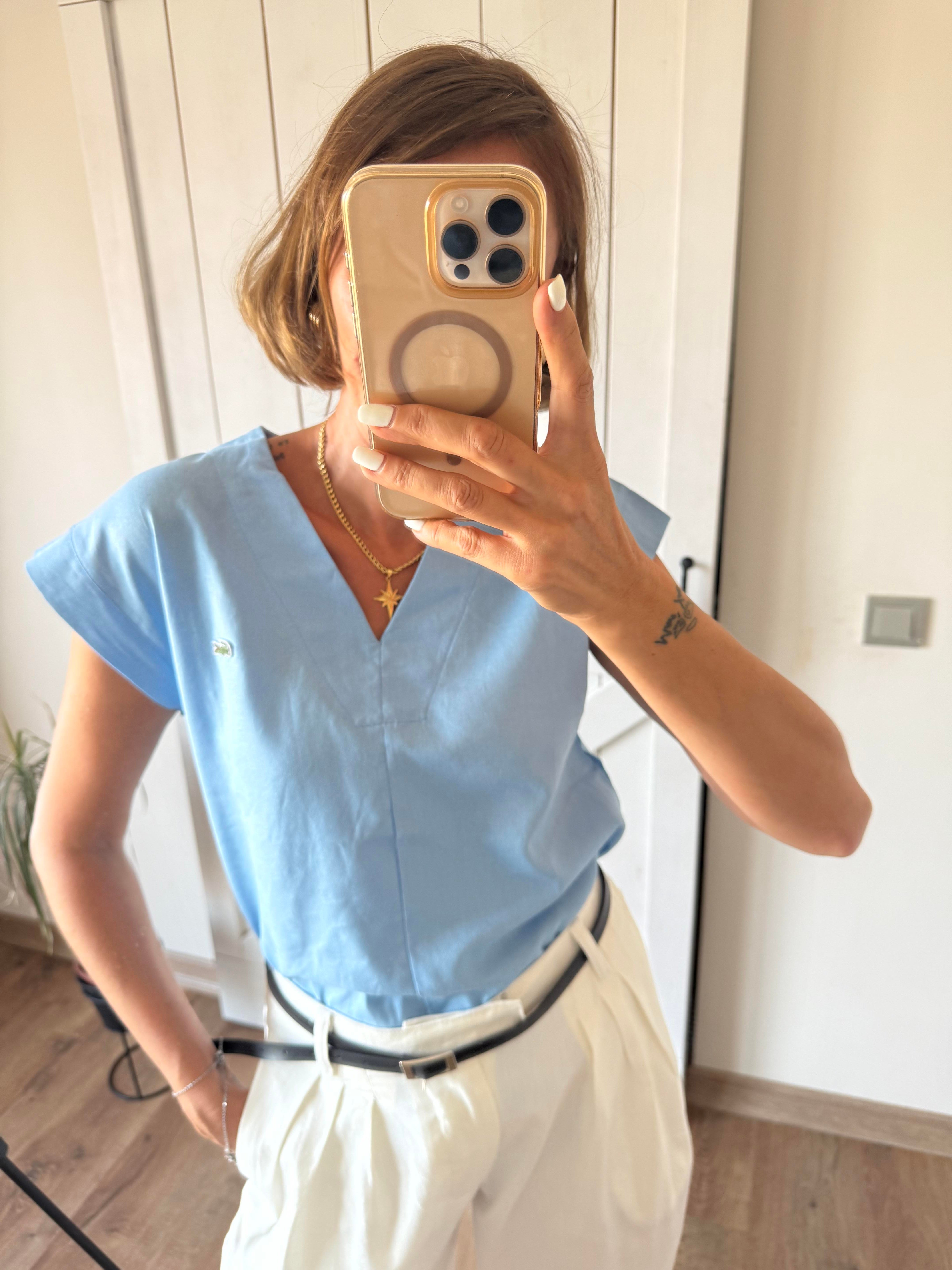 V Yaka Bebek Mavi Keten Bluz