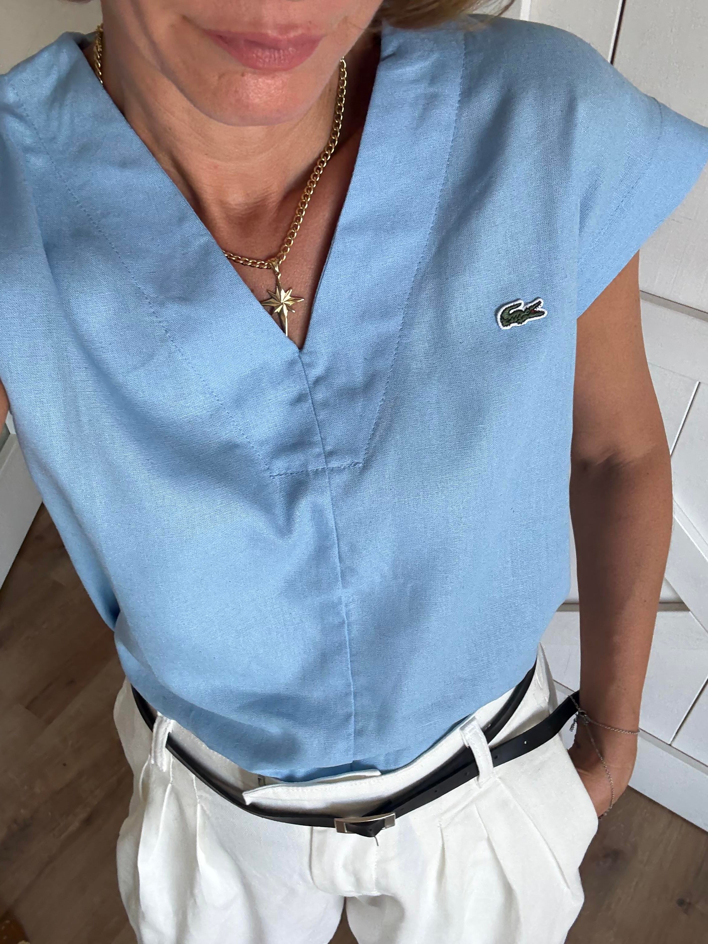 V Yaka Bebek Mavi Keten Bluz