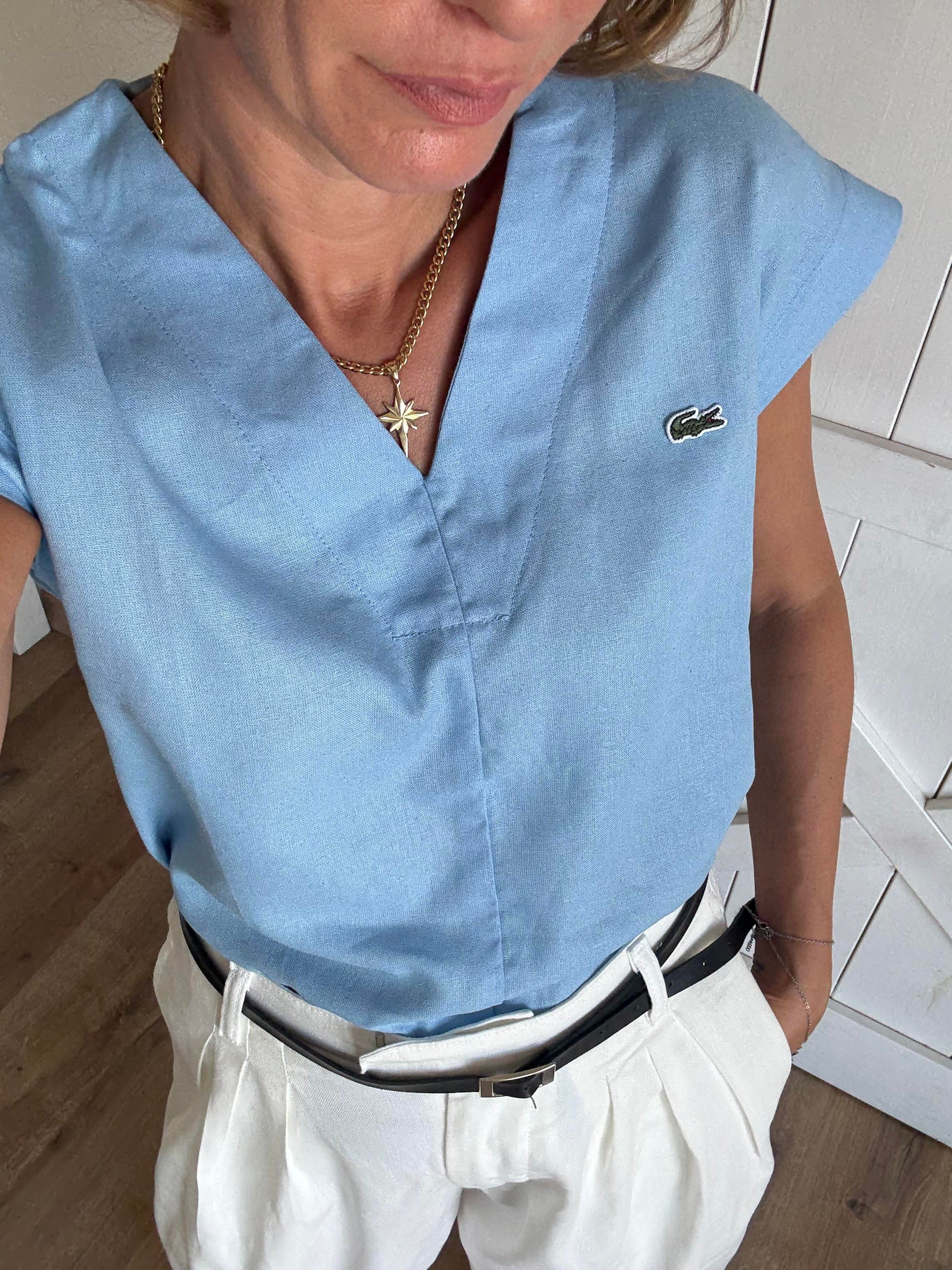 V Yaka Bebek Mavi Keten Bluz