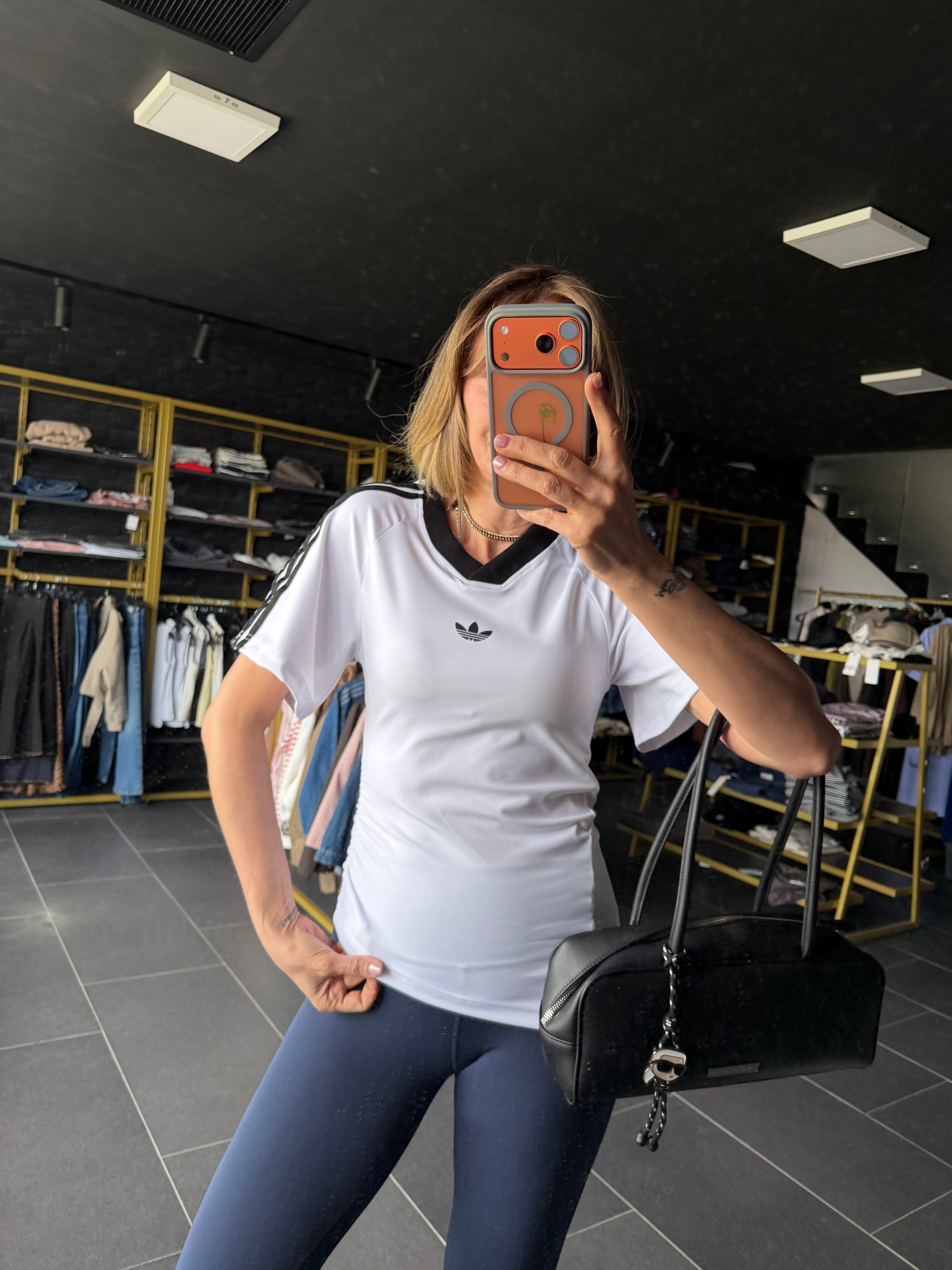 V Yaka Beyaz Originals Yanları Drapeli Tshirt
