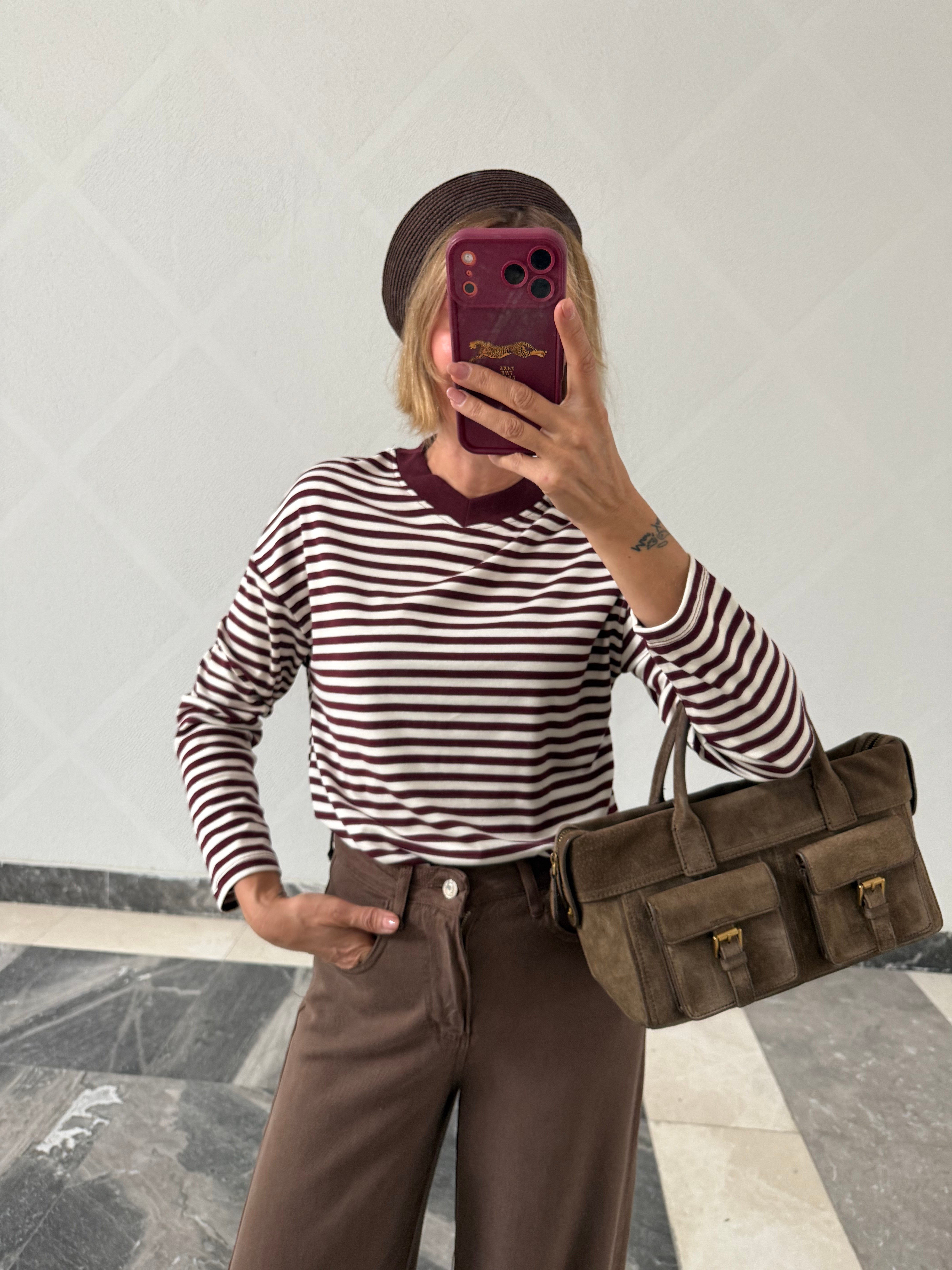 V Yaka Bordo Çizgili Basic Massi