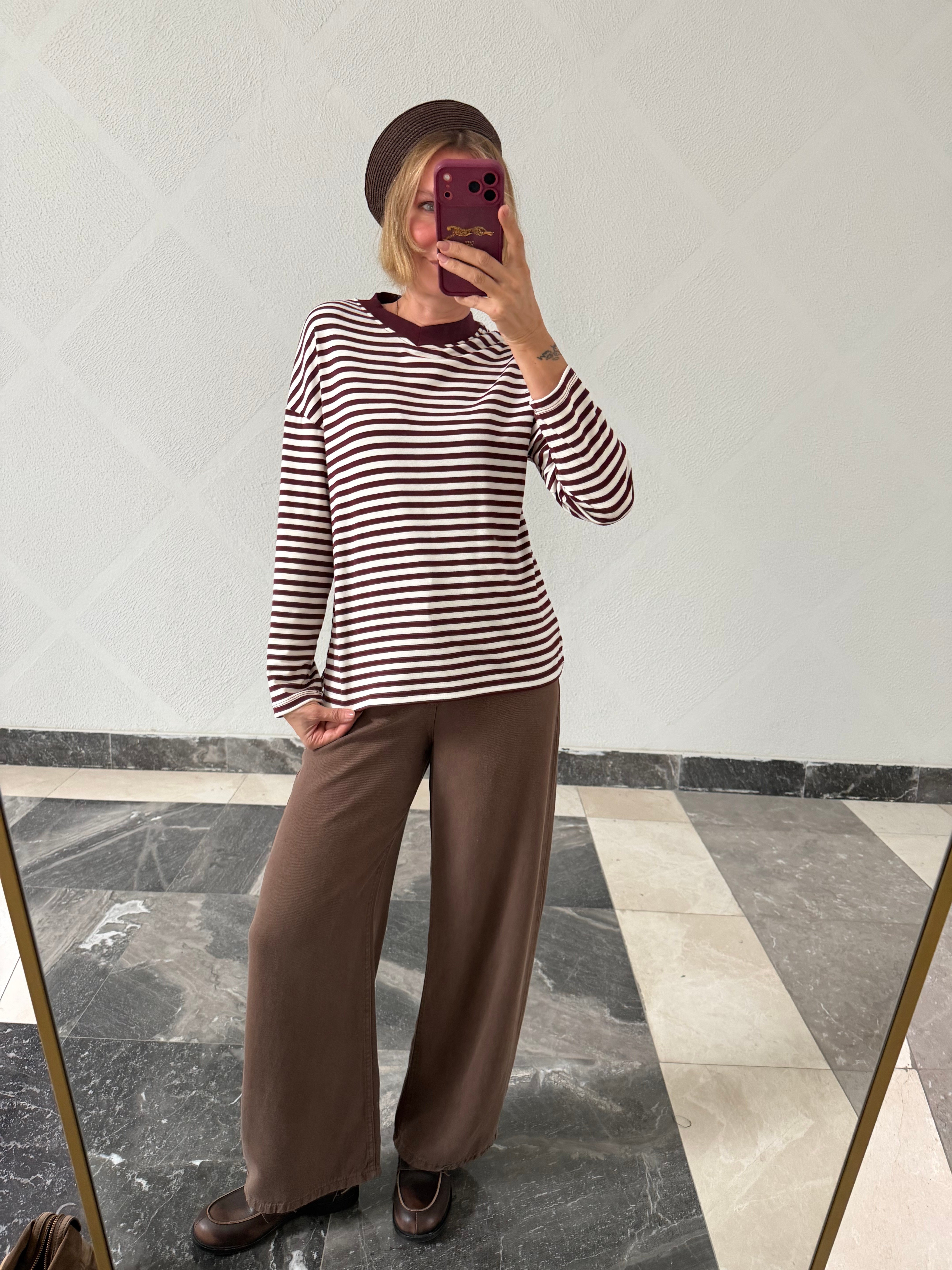 V Yaka Bordo Çizgili Basic Massi
