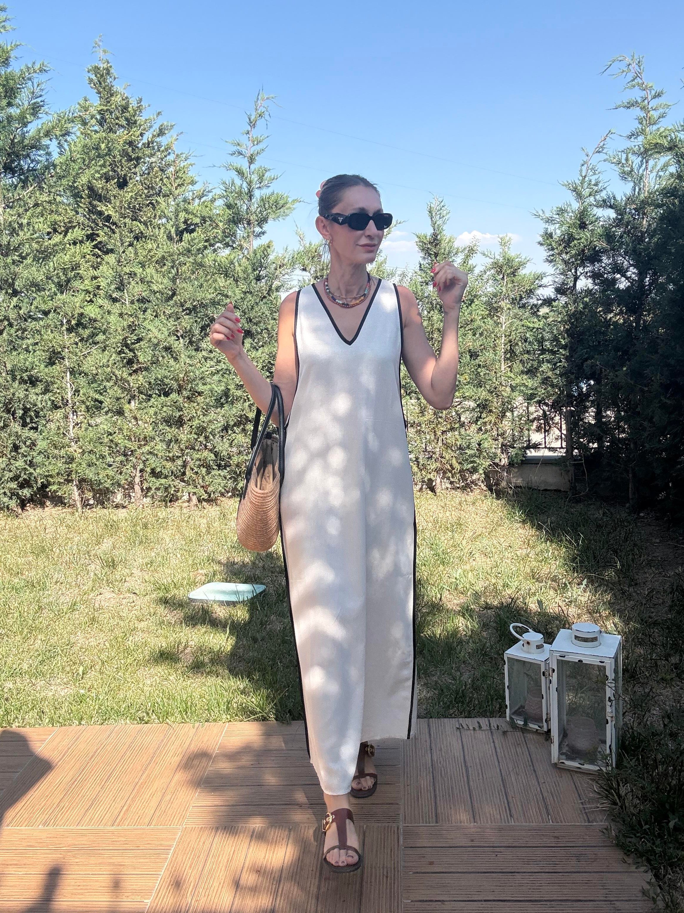 V Yaka Çima Dikişli Keten Elbise