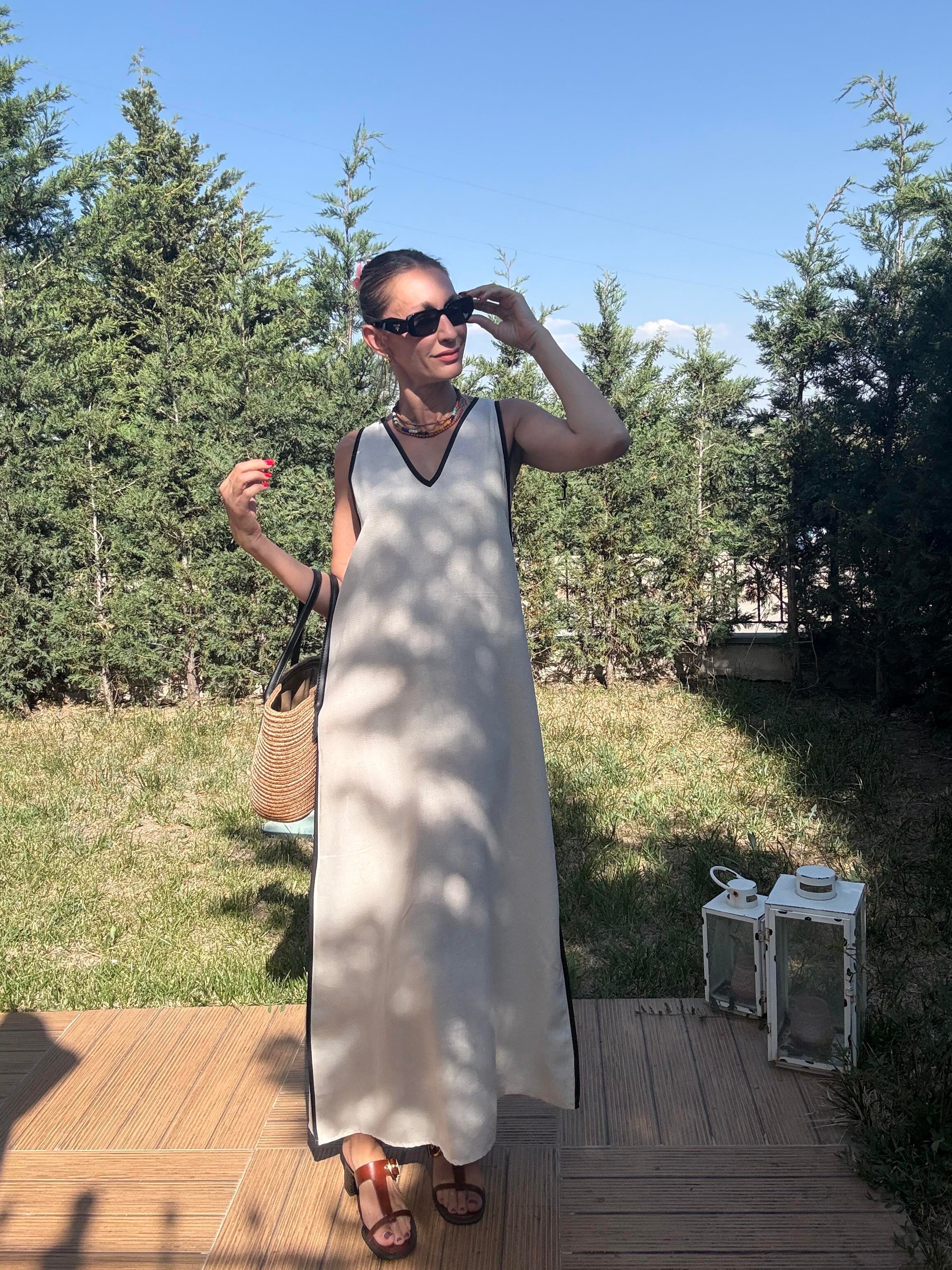 V Yaka Çima Dikişli Keten Elbise